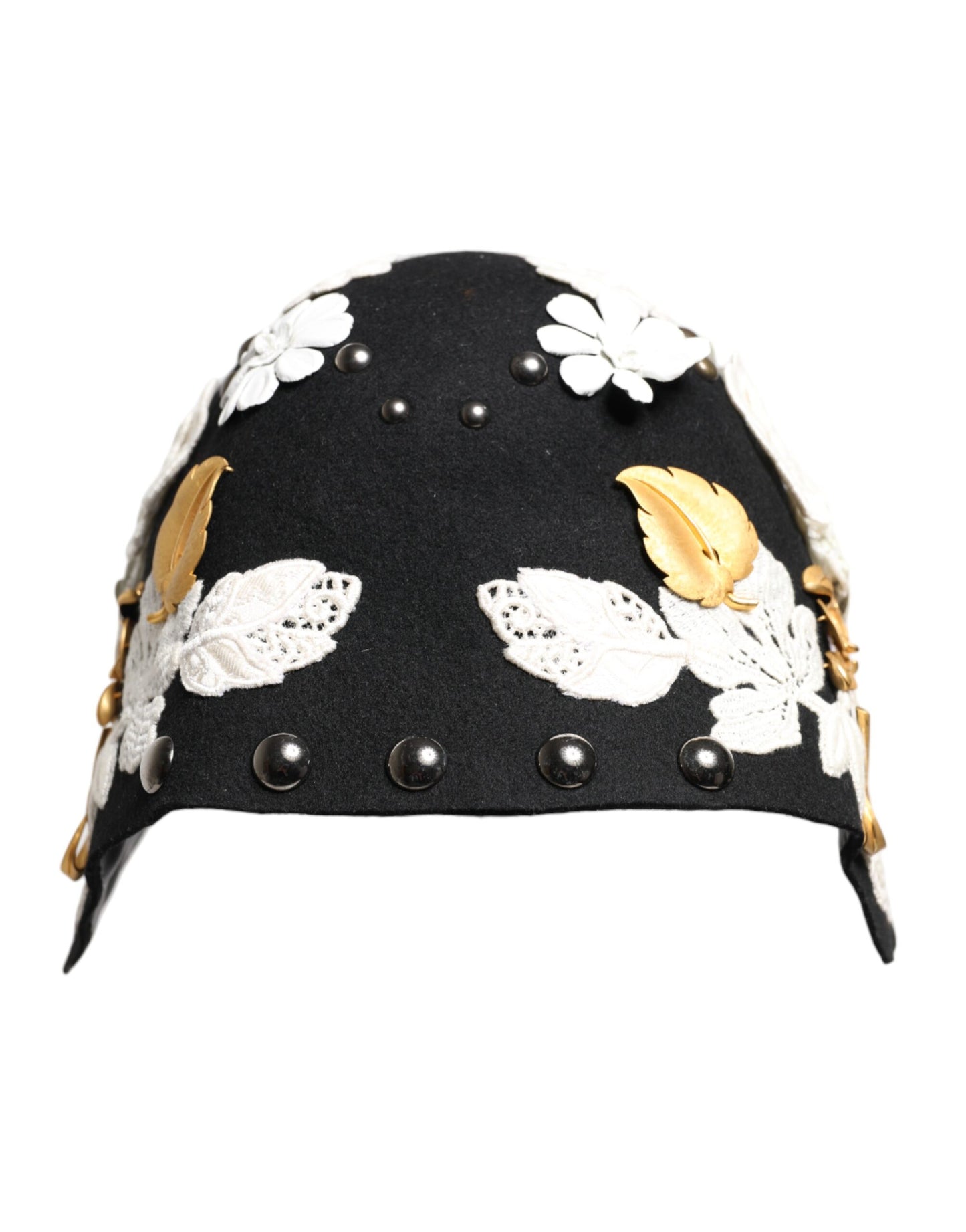 Chapeau cloche Dolce & Gabbana en laine noire à fleurs blanches et feuilles d'or
