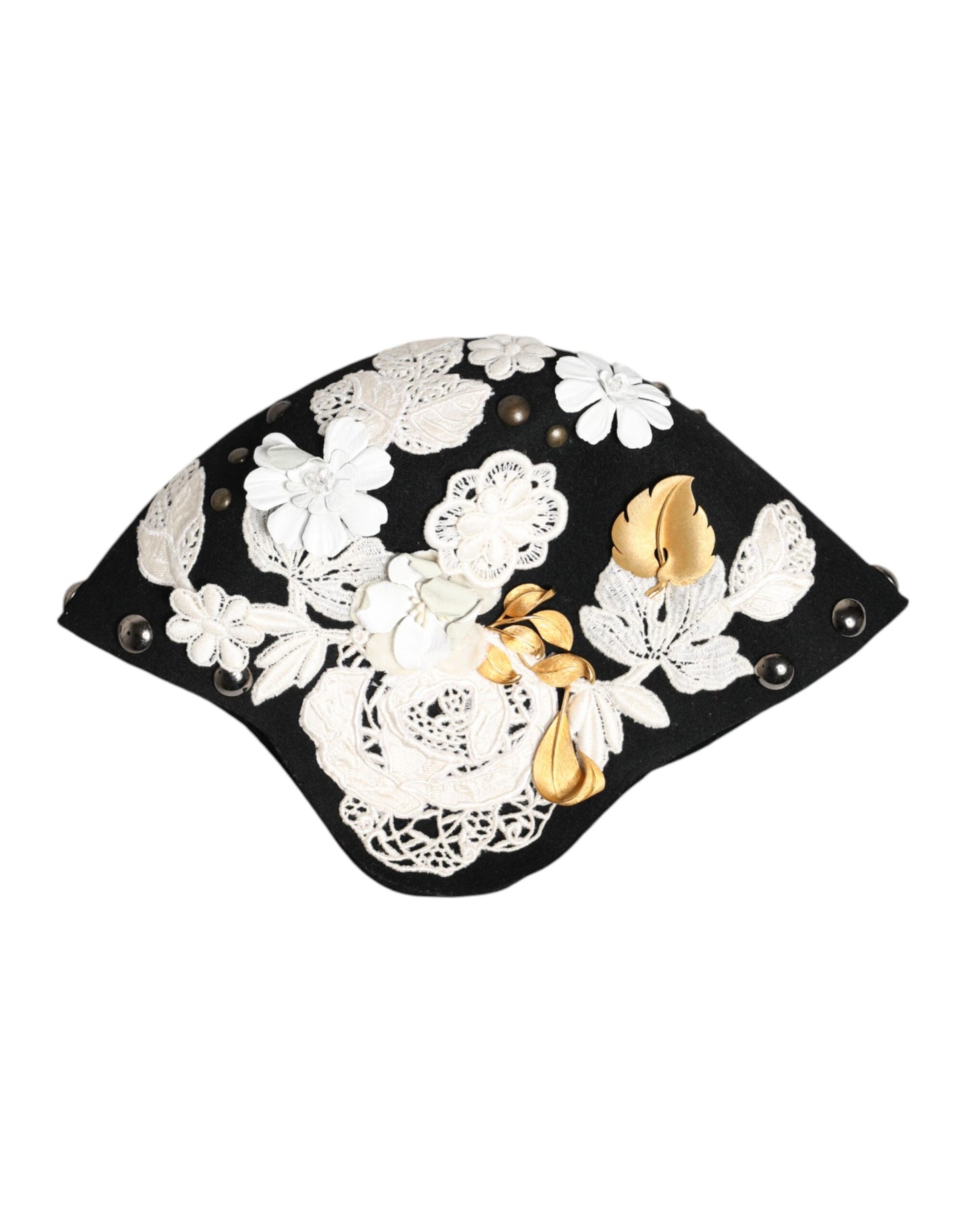 Chapeau cloche Dolce & Gabbana en laine noire à fleurs blanches et feuilles d'or