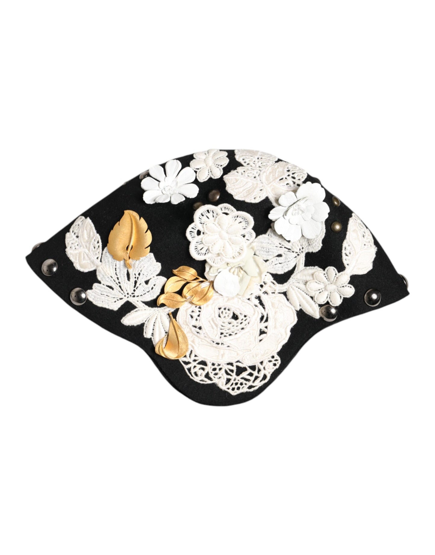 Chapeau cloche Dolce & Gabbana en laine noire à fleurs blanches et feuilles d'or