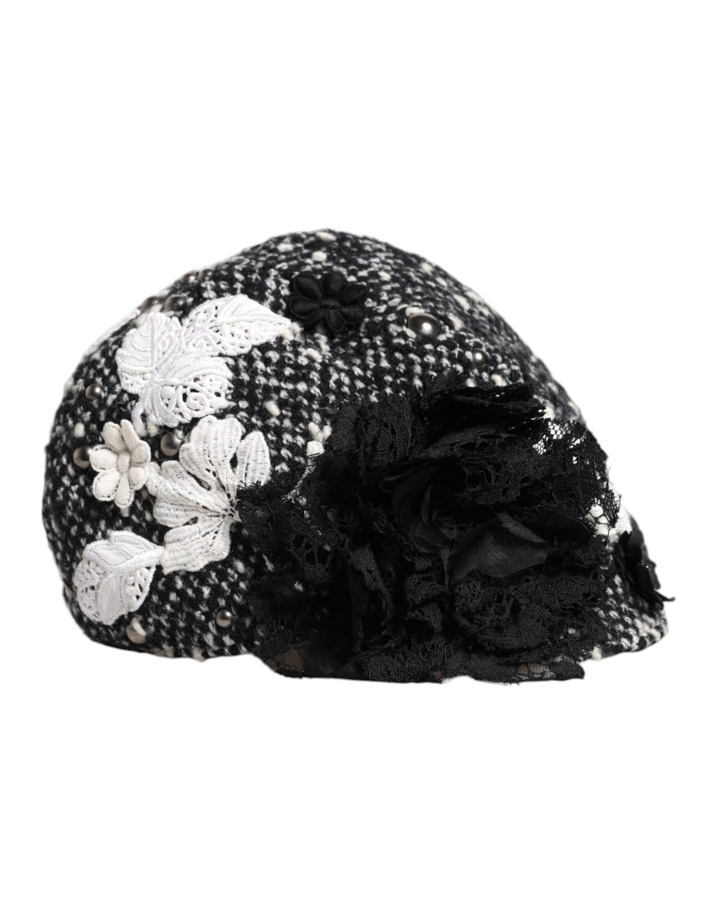 Chapeau cloche Dolce & Gabbana en laine noire à fleurs blanches