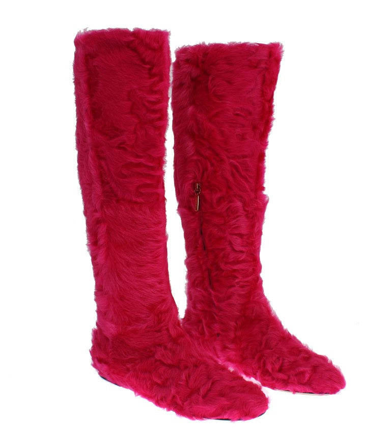 Bottes plates en cuir et fourrure d'agneau rose Dolce & Gabbana