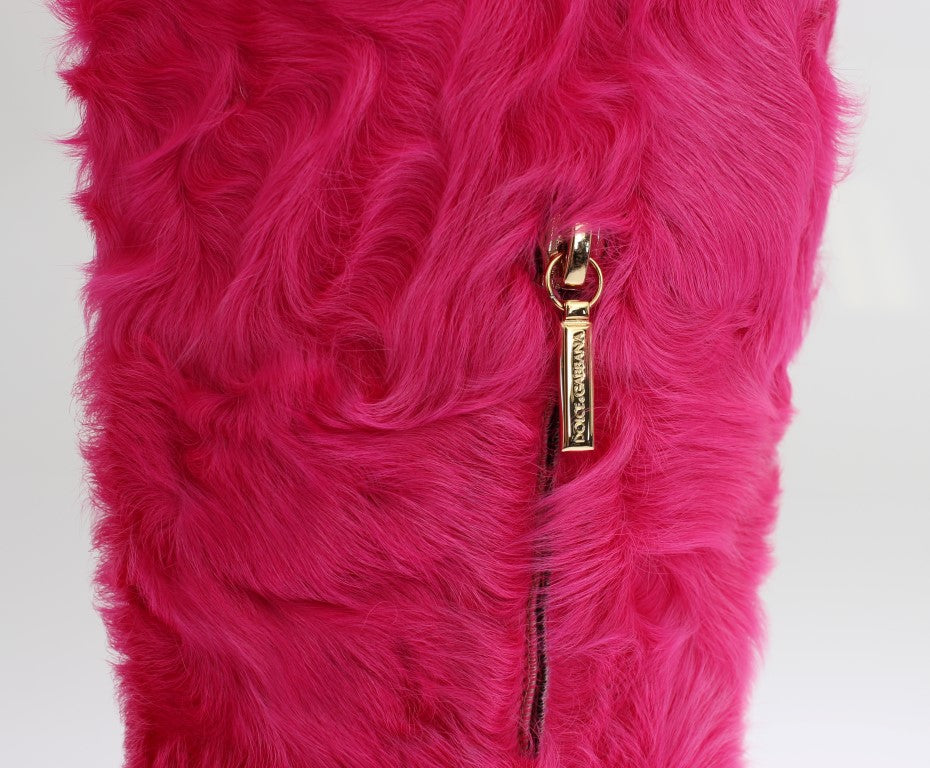 Bottes plates en cuir et fourrure d'agneau rose Dolce & Gabbana