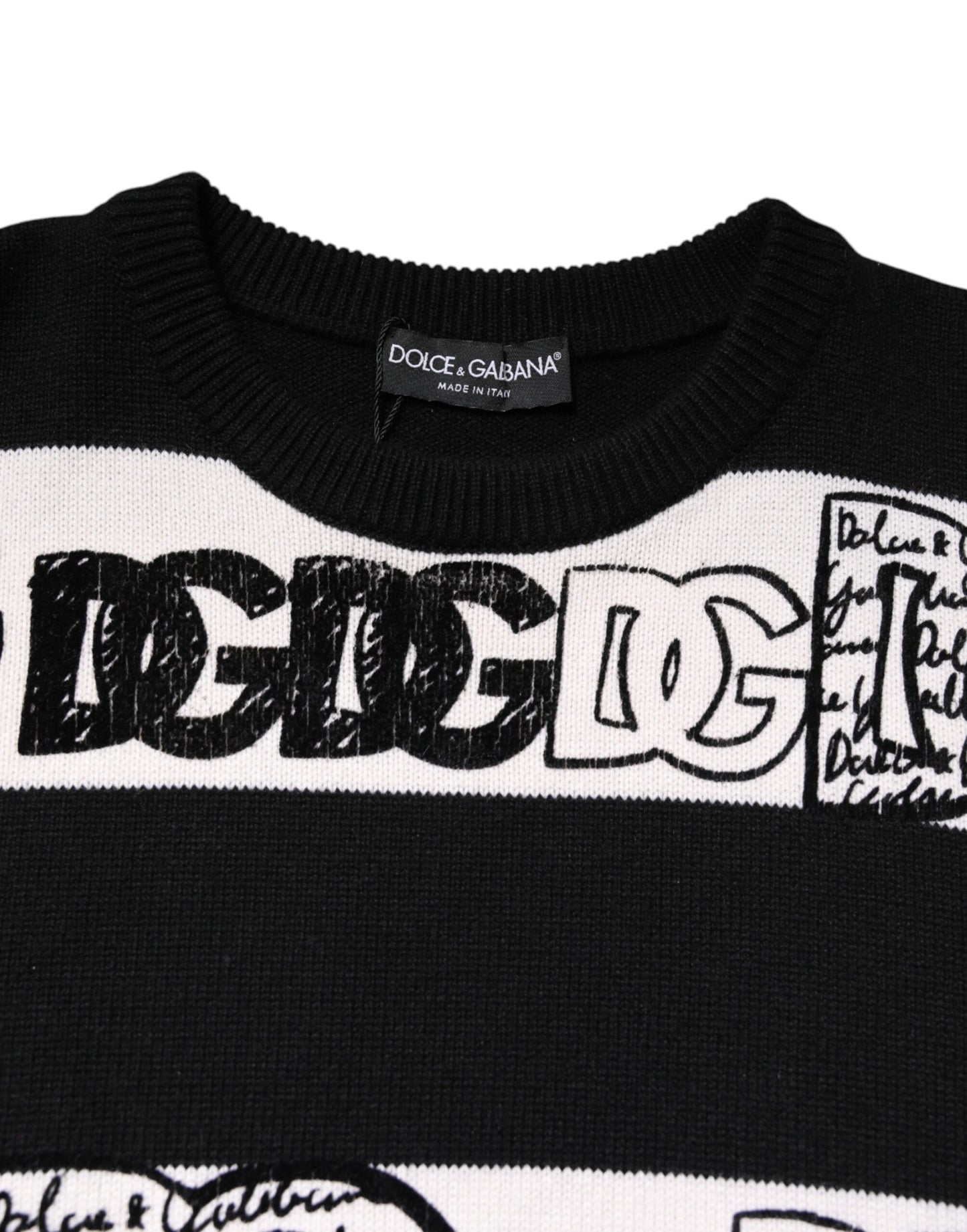 Pull en laine imprimé logo noir et blanc Dolce & Gabbana