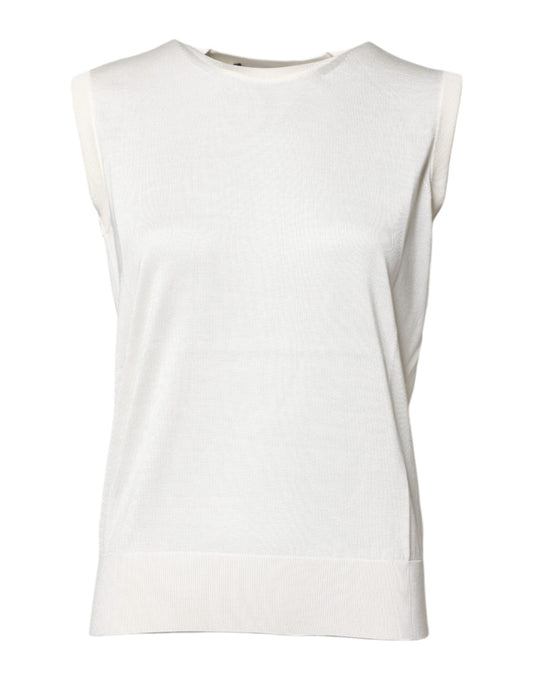 Dolce & Gabbana – Weißes, ärmelloses Tanktop aus Seide mit Rundhalsausschnitt