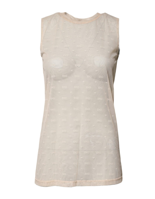 Dolce & Gabbana – Durchsichtiges, ärmelloses Tanktop aus Nylon mit Logo in Elfenbein