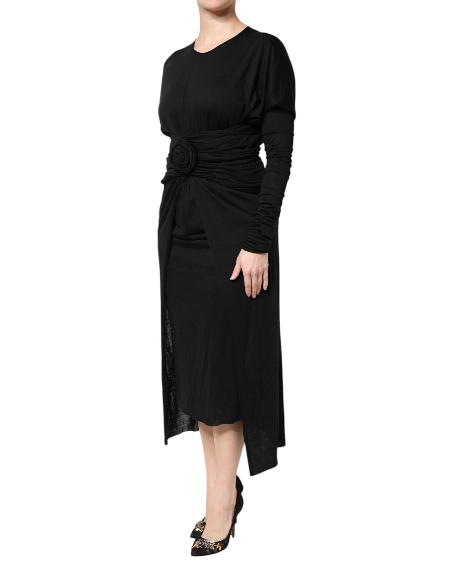 Robe fourreau mi-longue à manches longues en laine noire Dolce & Gabbana