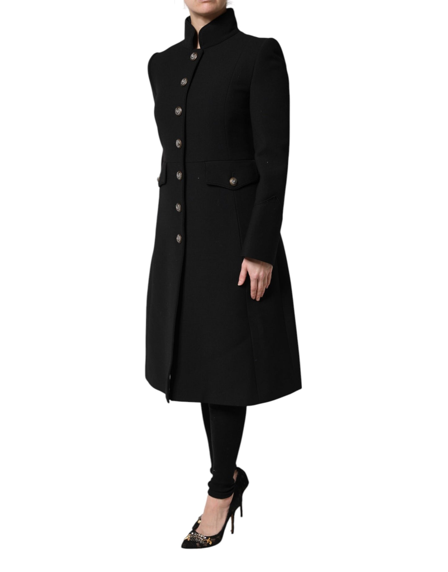 Trench-coat simple boutonnage en laine noire Dolce & Gabbana