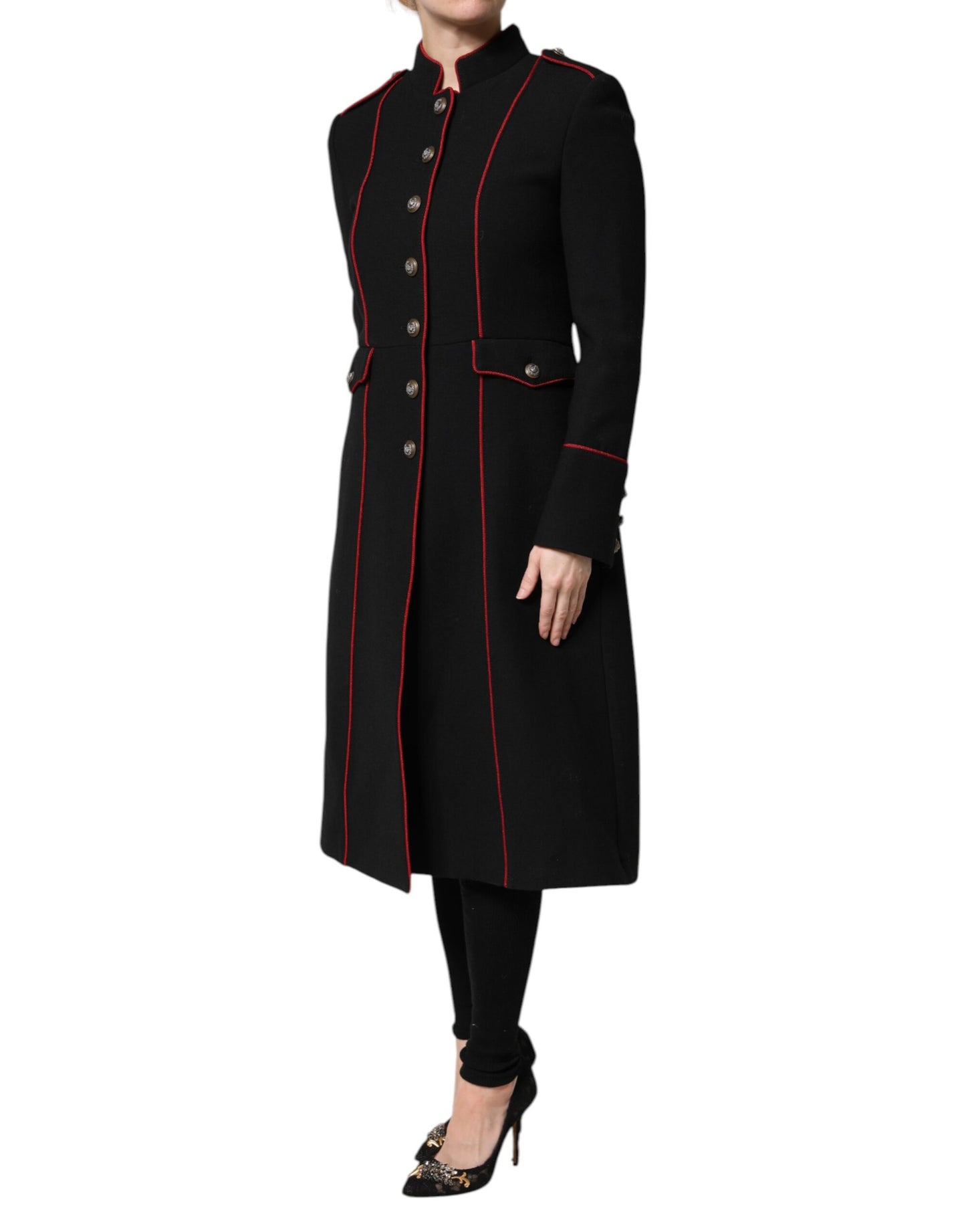 Trench-coat simple boutonnage en laine noire Dolce & Gabbana
