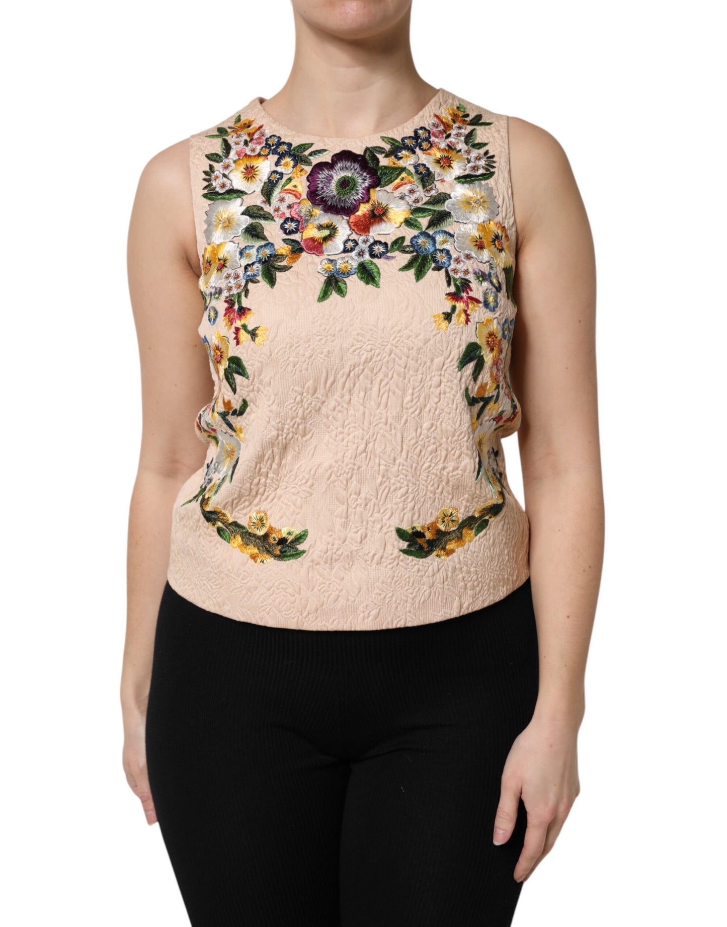 Débardeur sans manches à broderie florale beige Dolce & Gabbana