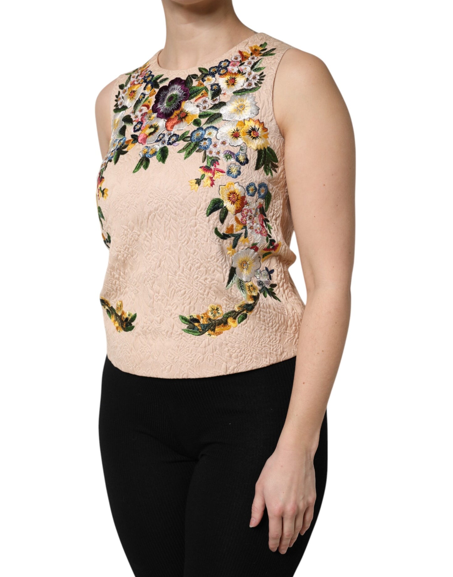 Débardeur sans manches à broderie florale beige Dolce & Gabbana