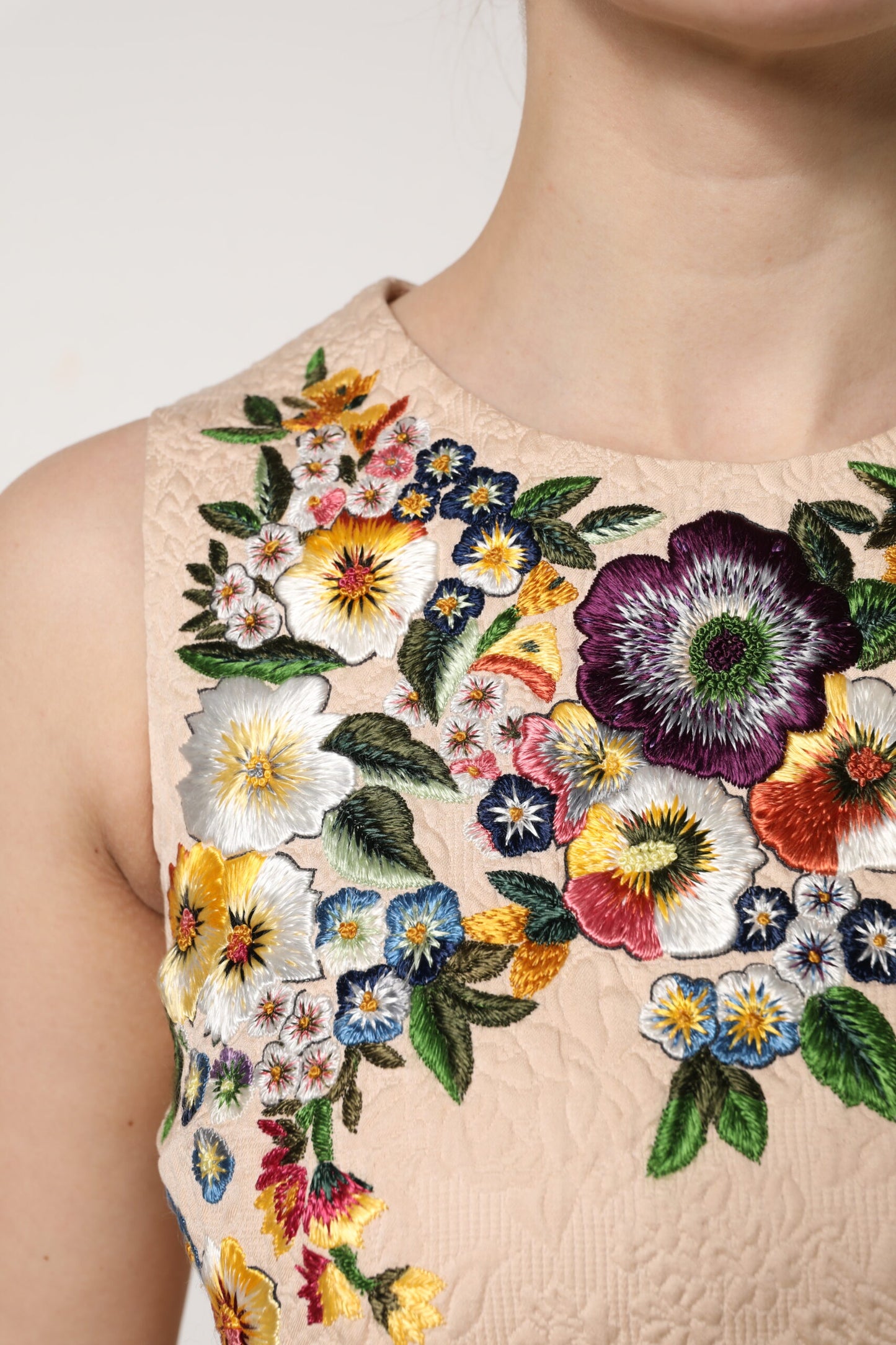 Débardeur sans manches à broderie florale beige Dolce & Gabbana