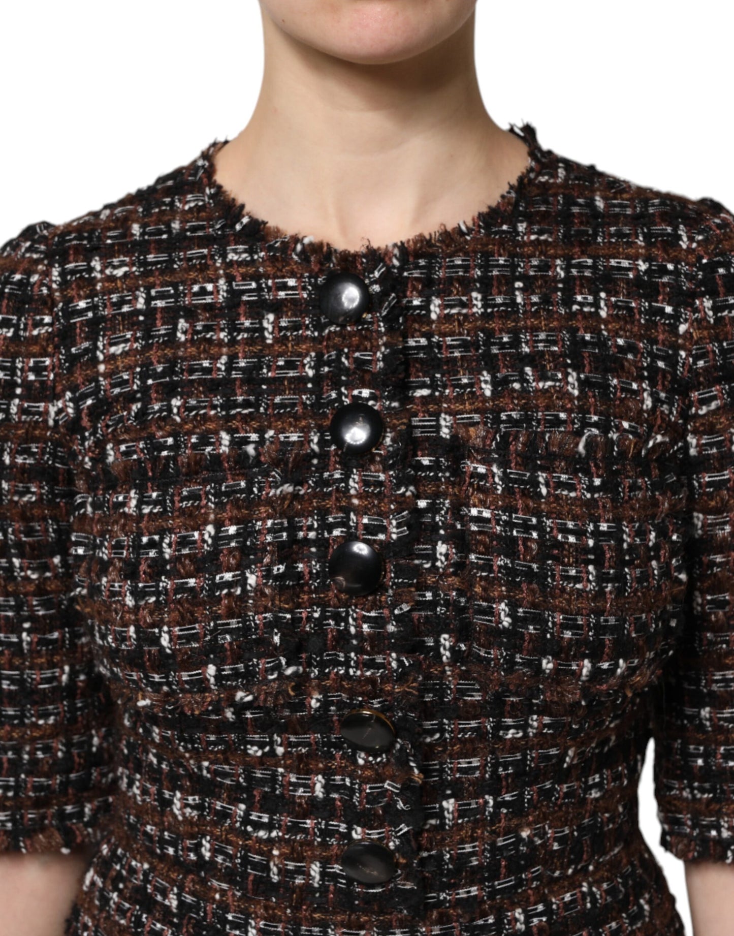 Robe courte trapèze à manches courtes en tweed marron Dolce & Gabbana