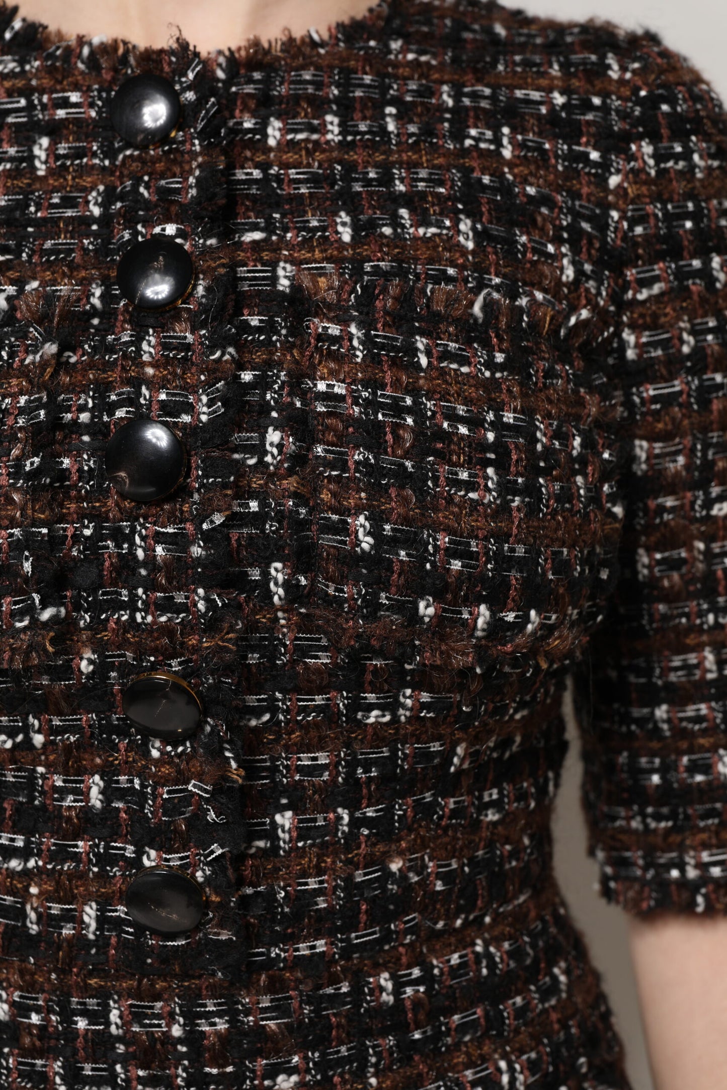 Robe courte trapèze à manches courtes en tweed marron Dolce & Gabbana