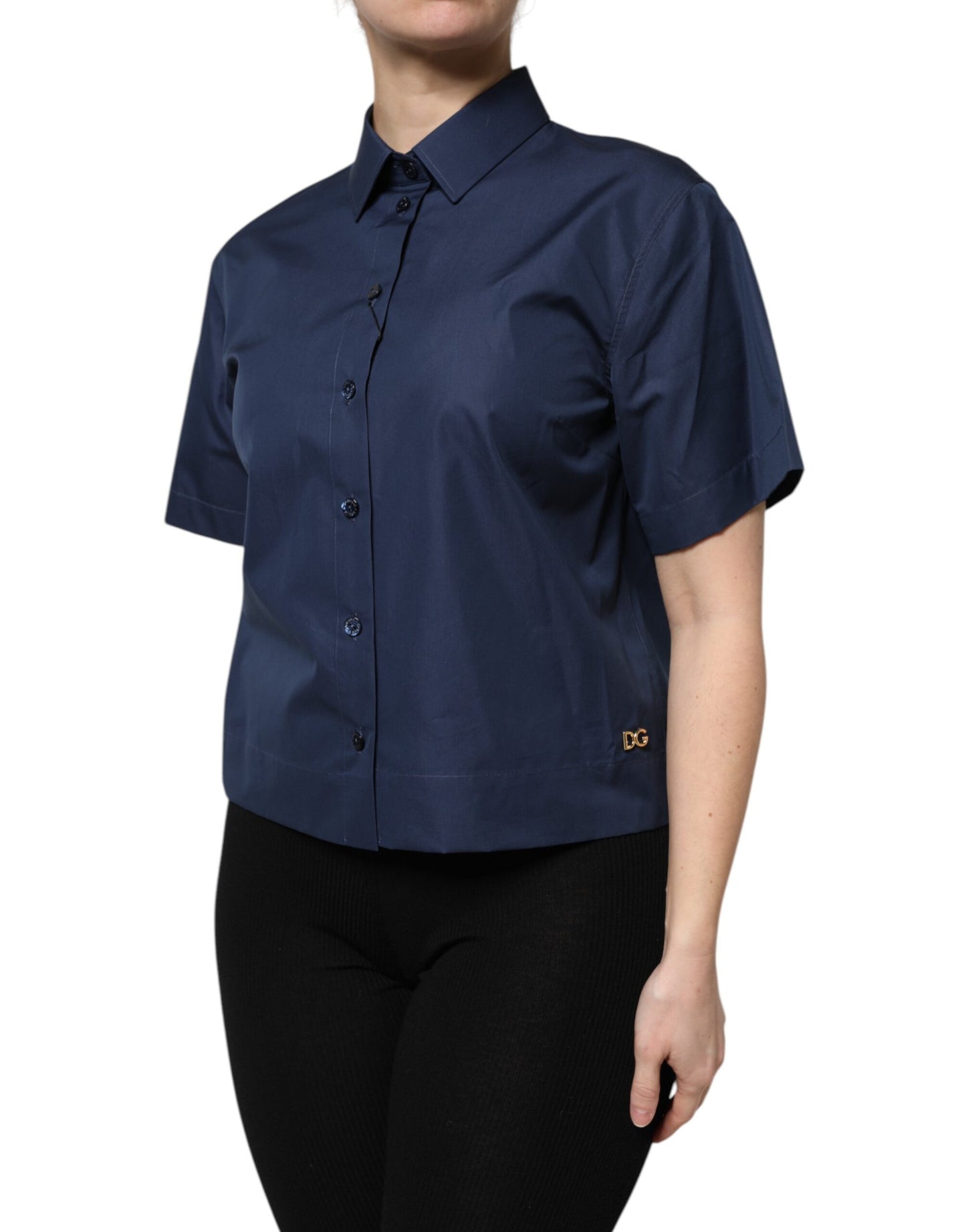 Haut boutonné à manches courtes en coton bleu Dolce & Gabbana