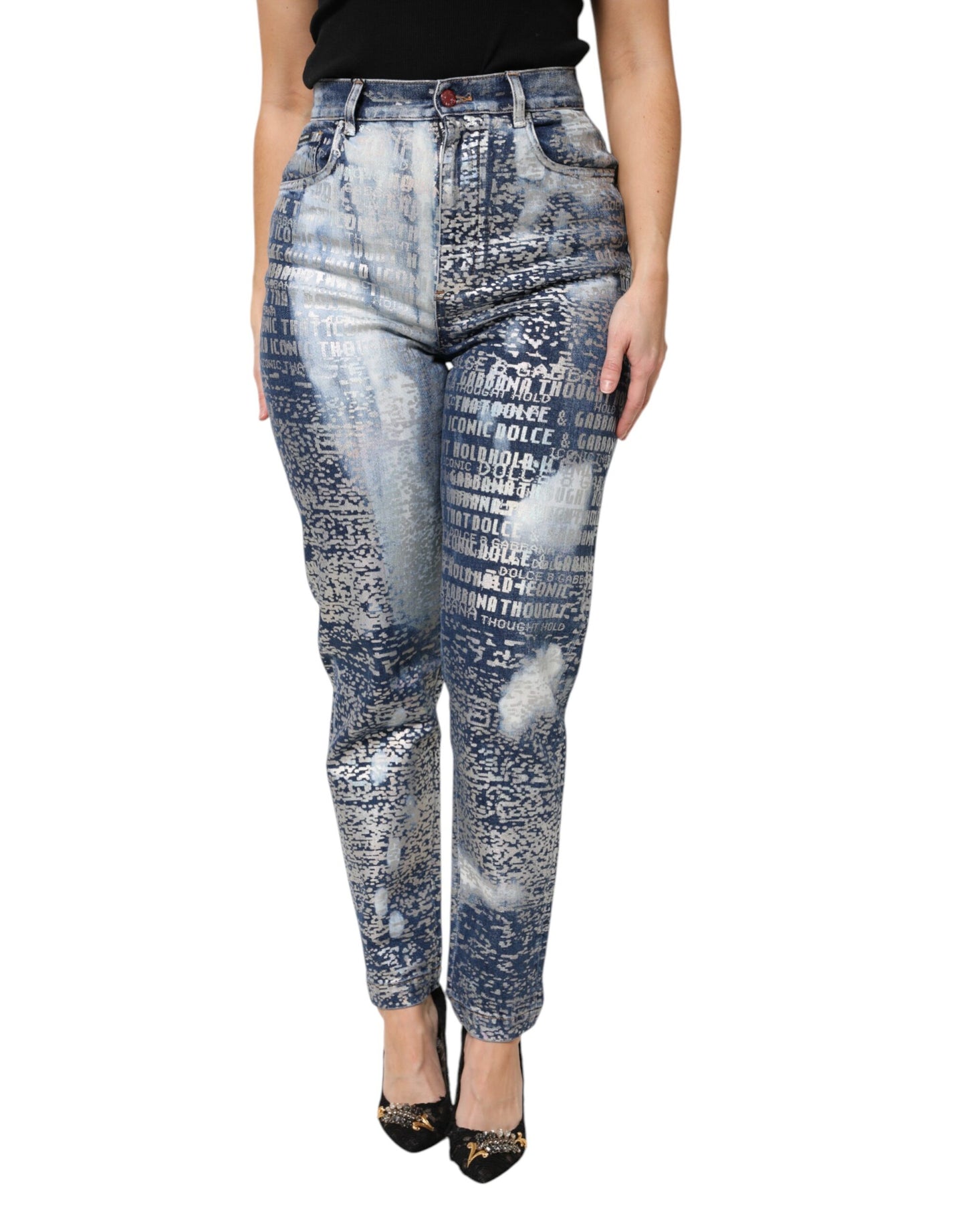 Jean taille haute imprimé bleu délavé Dolce & Gabbana