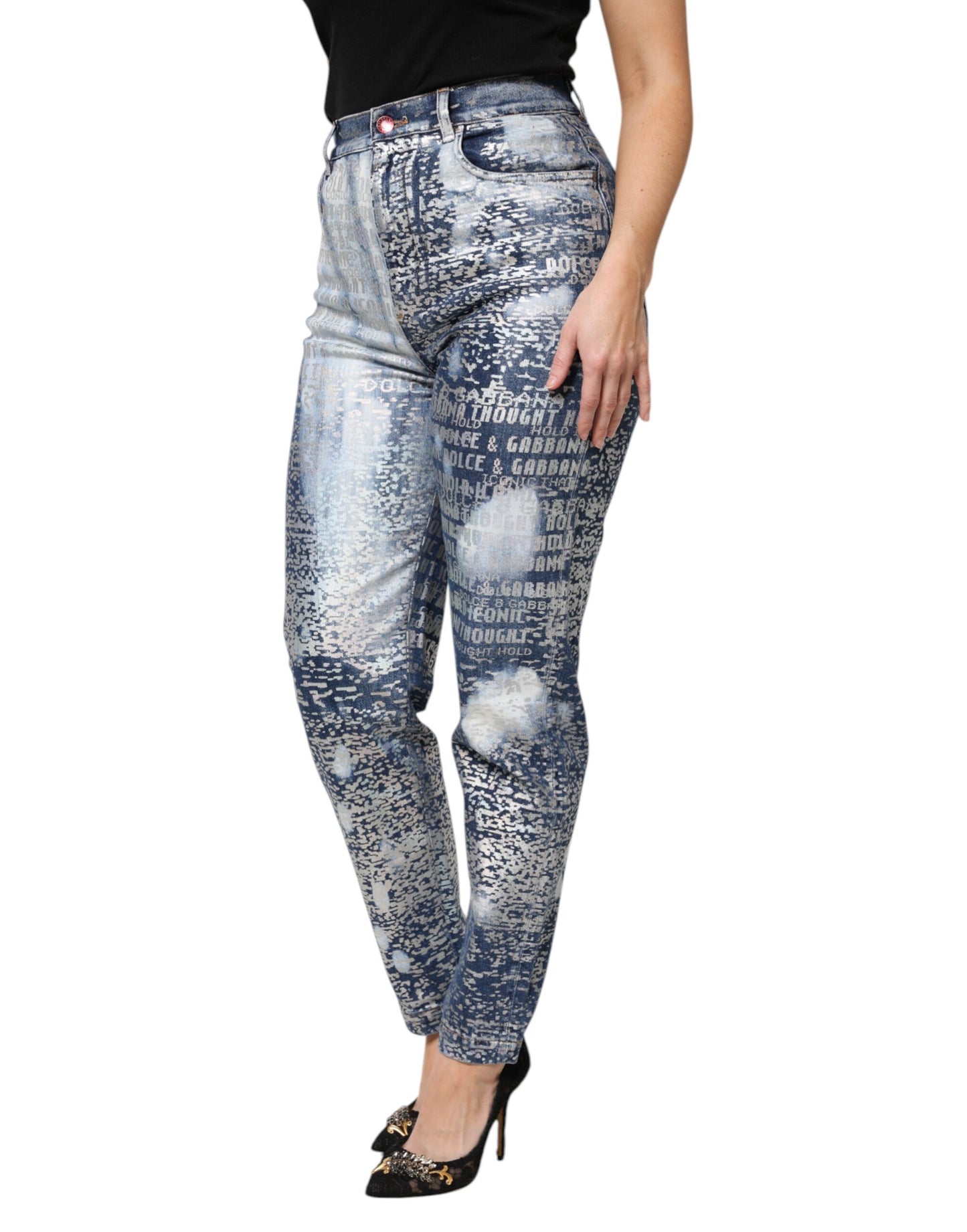 Jean taille haute imprimé bleu délavé Dolce & Gabbana