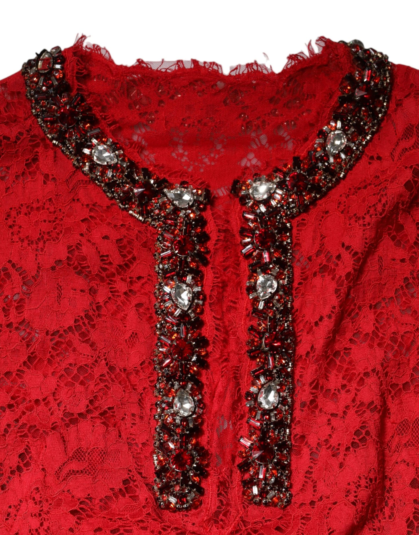 Dolce & Gabbana – Rotes Kleid mit Blumenspitze und Strassverzierung