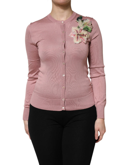 Pull cardigan boutonné en tricot de soie rose Dolce & Gabbana