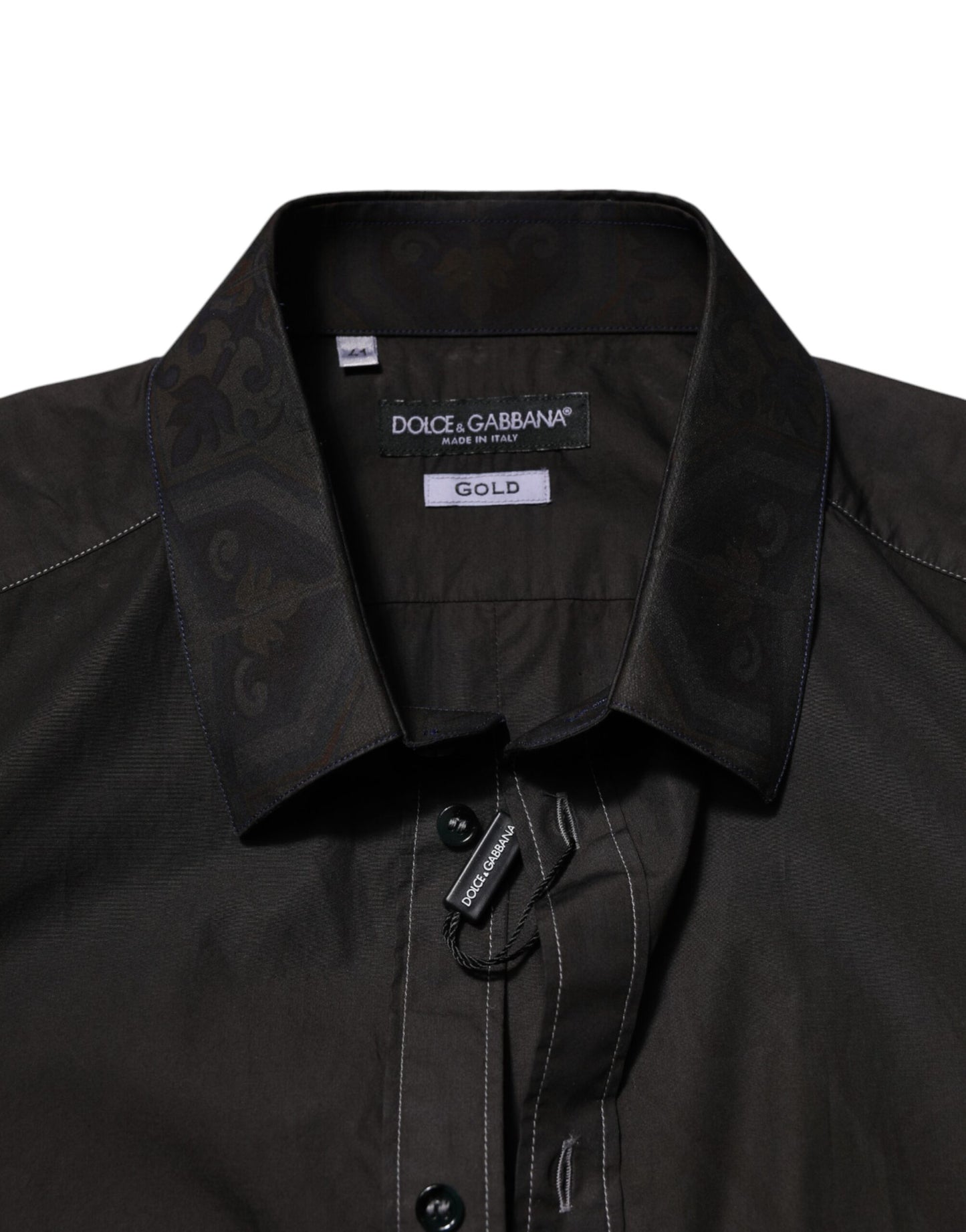 Dolce & Gabbana Black Cotton Jacquard GOLD Collar Dress Shirt