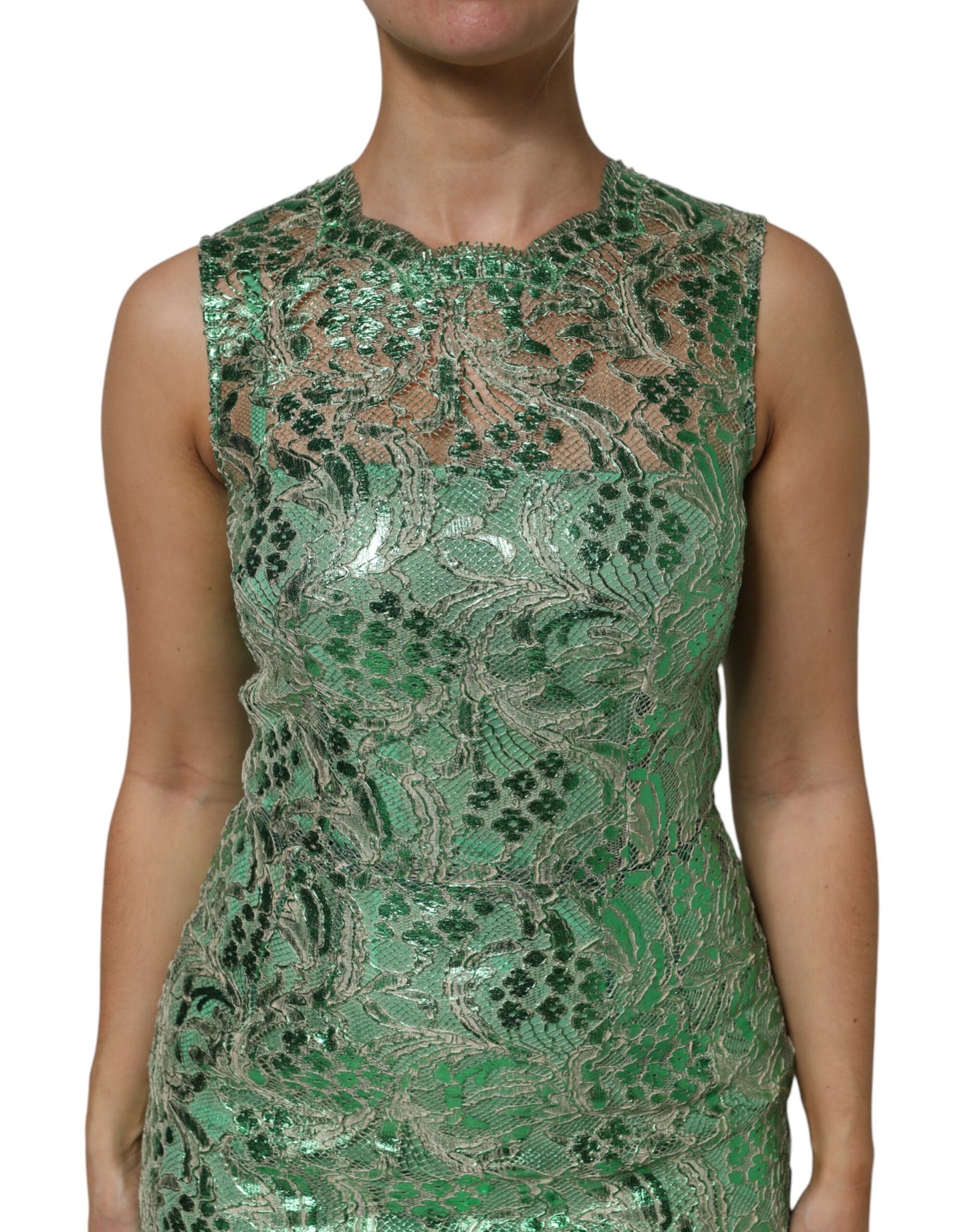Robe fourreau mi-longue en coton vert à fleurs et dentelle Dolce & Gabbana