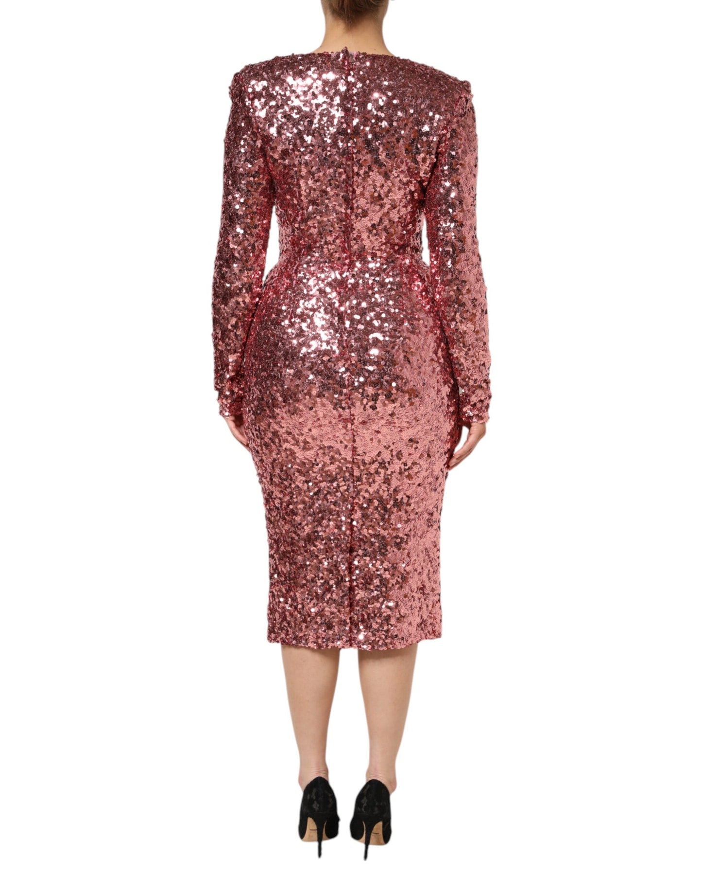 Robe mi-longue à col en V en nylon rose à sequins Dolce & Gabbana
