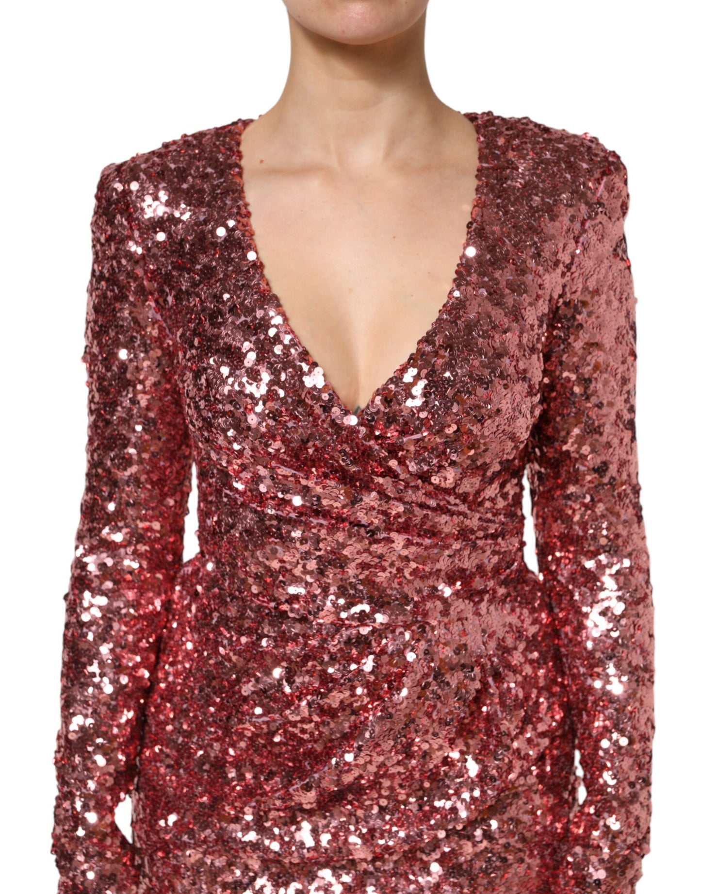Robe mi-longue à col en V en nylon rose à sequins Dolce & Gabbana