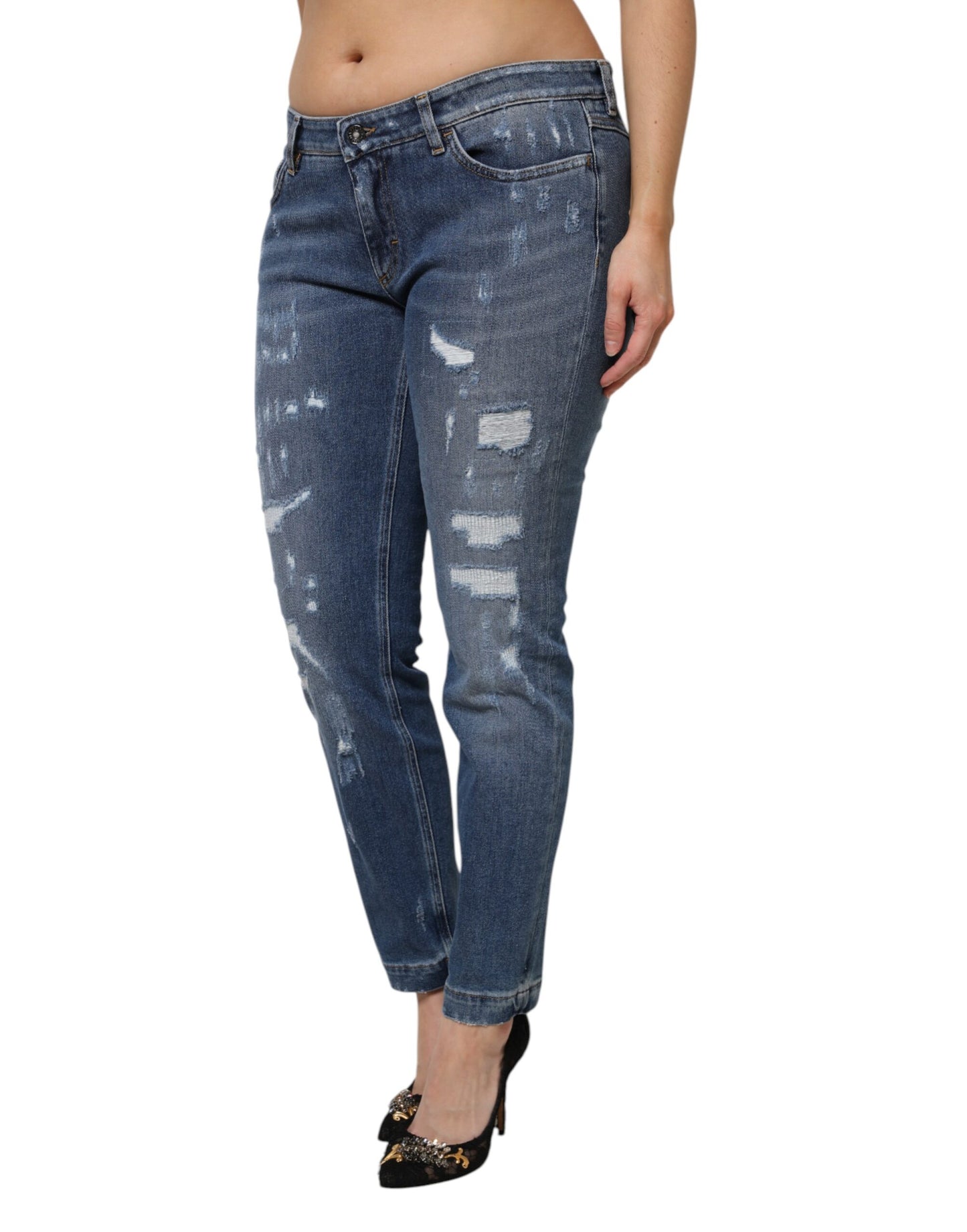 Jean taille basse en denim bleu déchiré Dolce & Gabbana