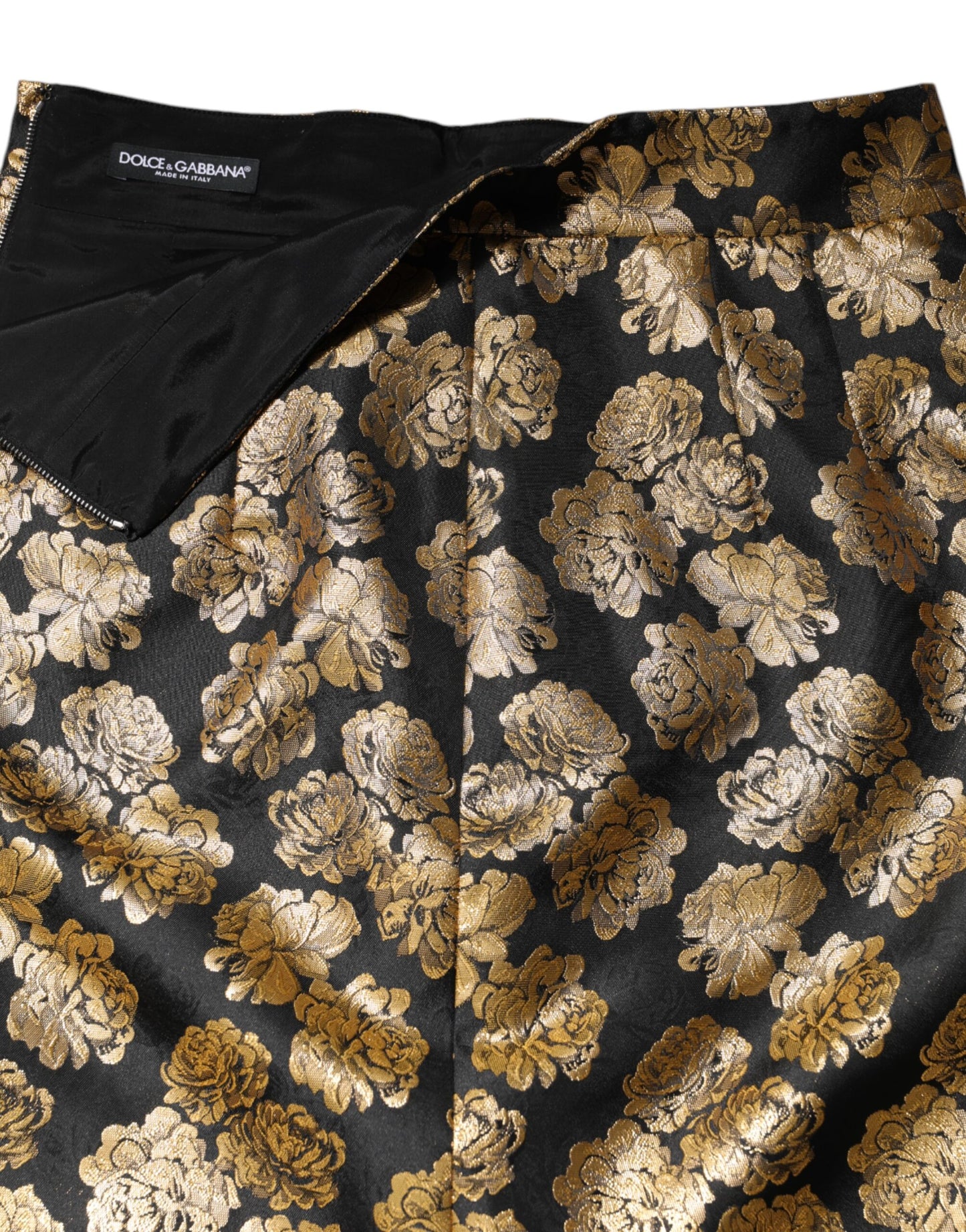 Mini-jupe en jacquard à imprimé floral noir et doré Dolce & Gabbana