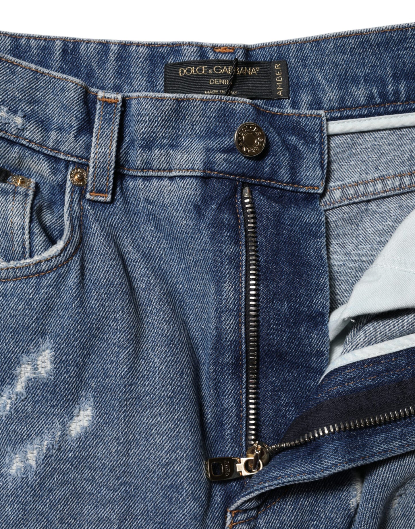Jean taille haute en denim bleu déchiré Dolce & Gabbana