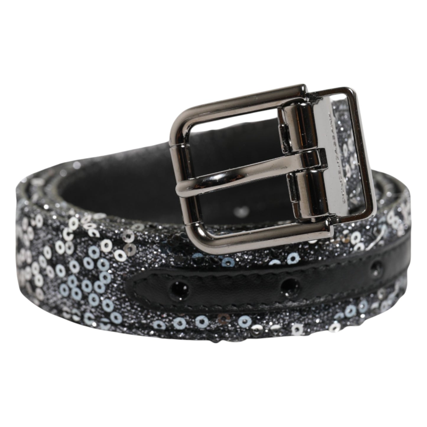 Dolce & Gabbana Black Sequins Silver Metal Logo Buckle Belt