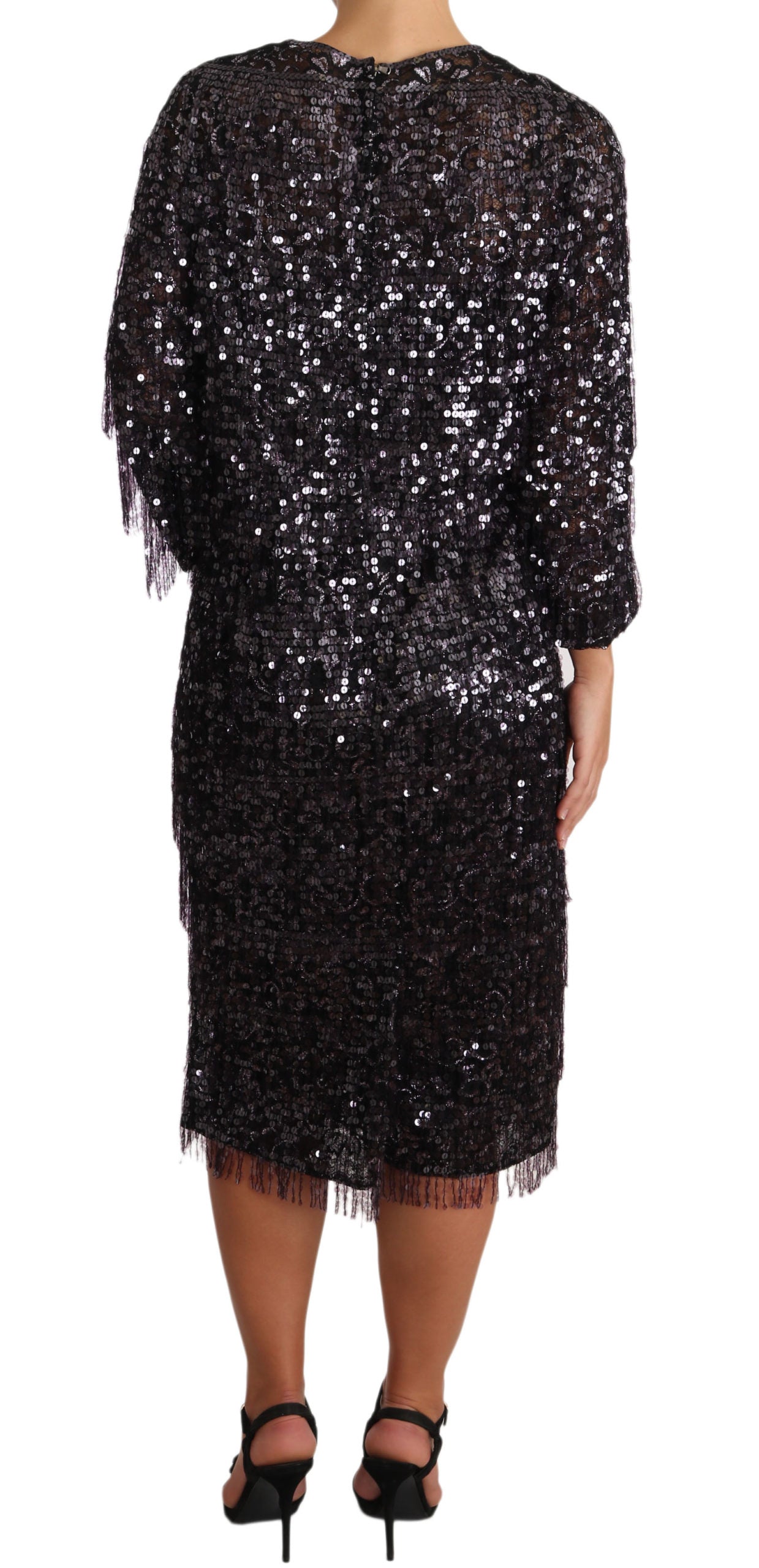 Robe mi-longue droite à manches longues et sequins noirs Dolce & Gabbana