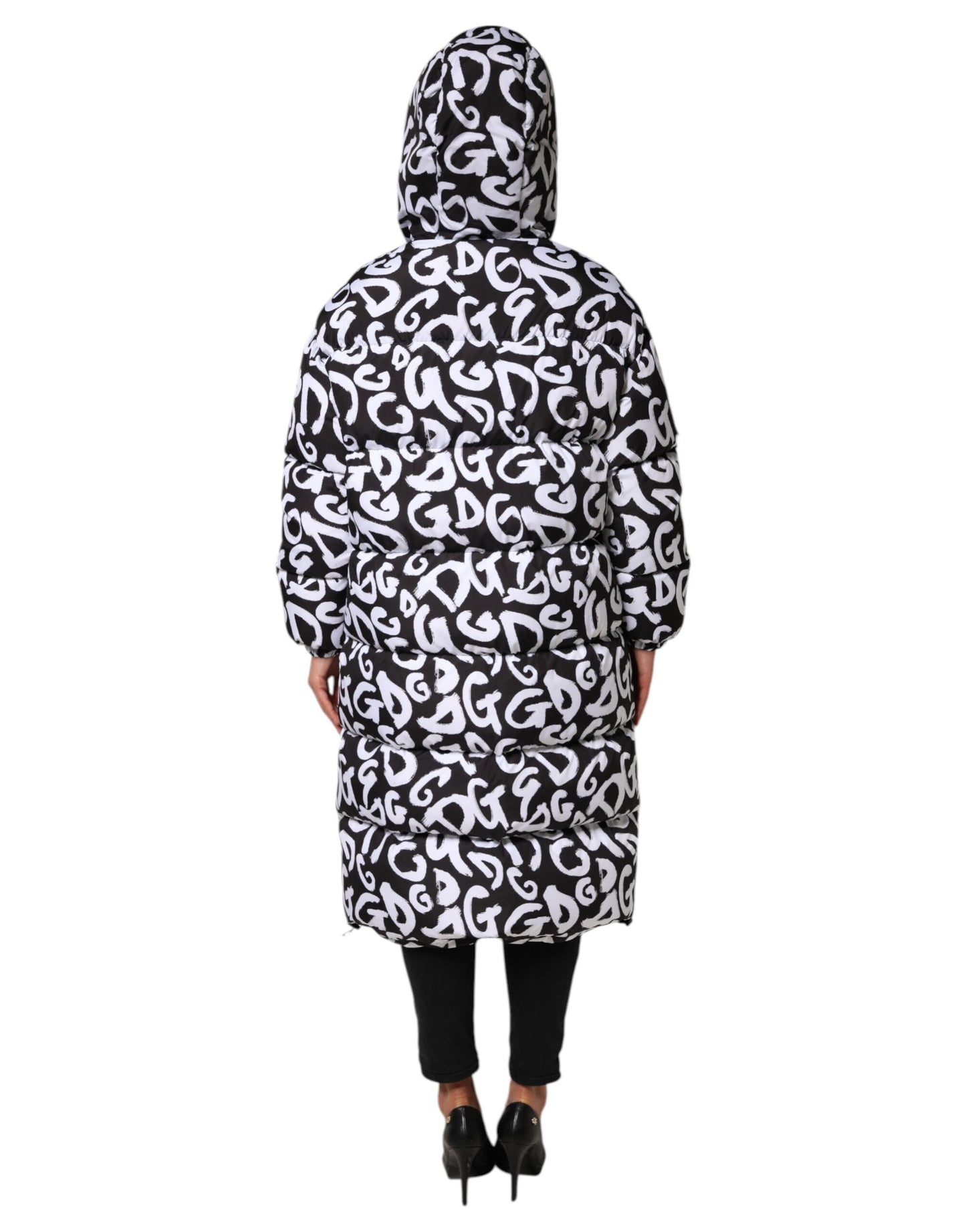 Dolce & Gabbana Manteau long à capuche noir et blanc DG Mania