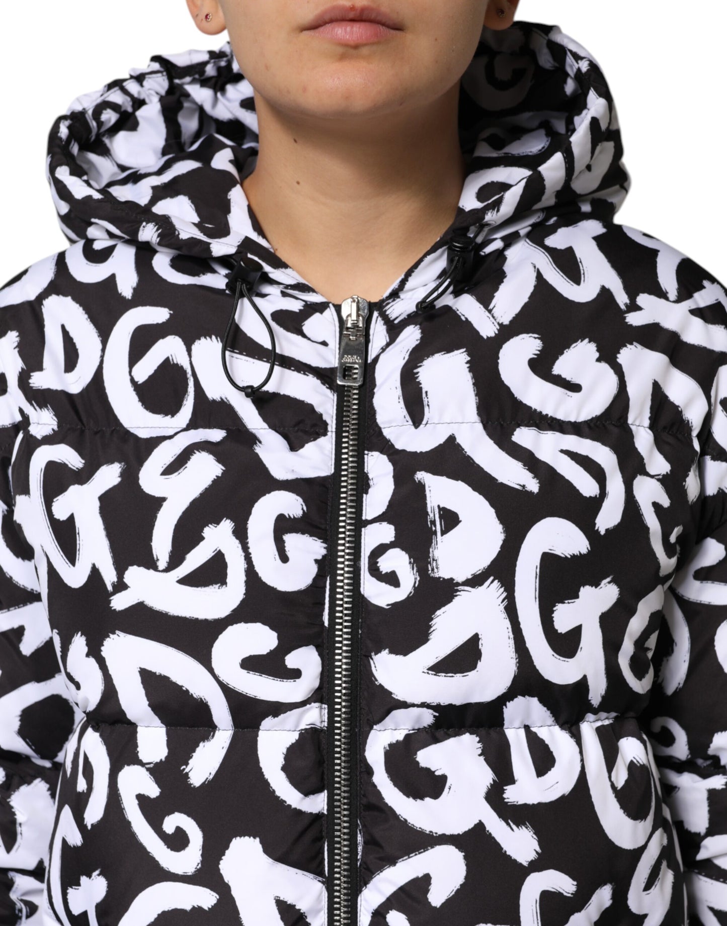 Dolce & Gabbana Manteau long à capuche noir et blanc DG Mania