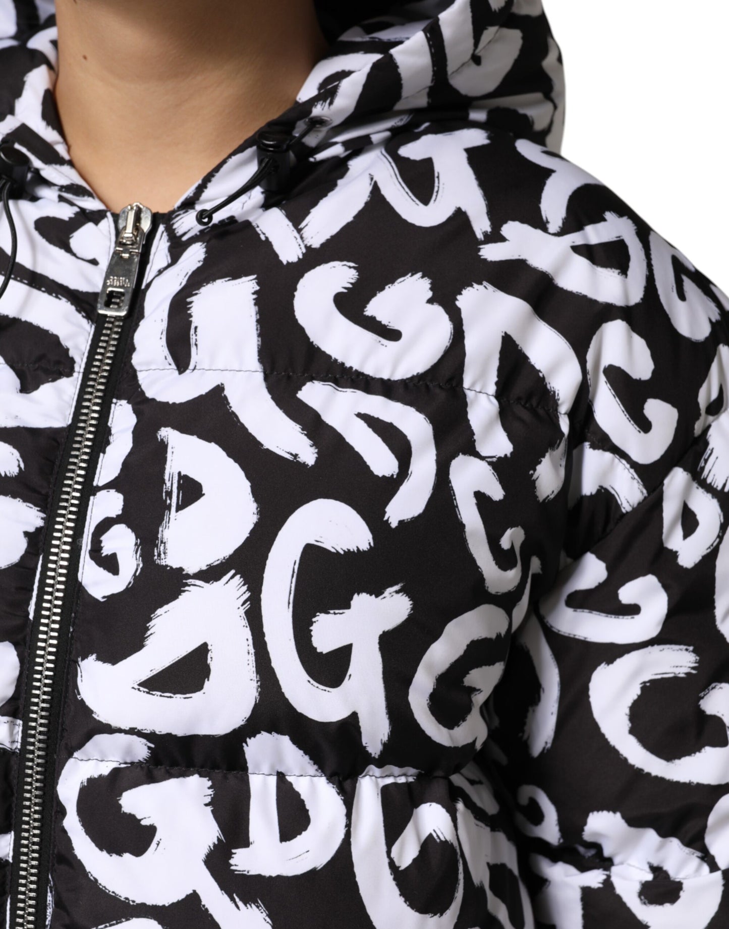 Dolce & Gabbana Manteau long à capuche noir et blanc DG Mania