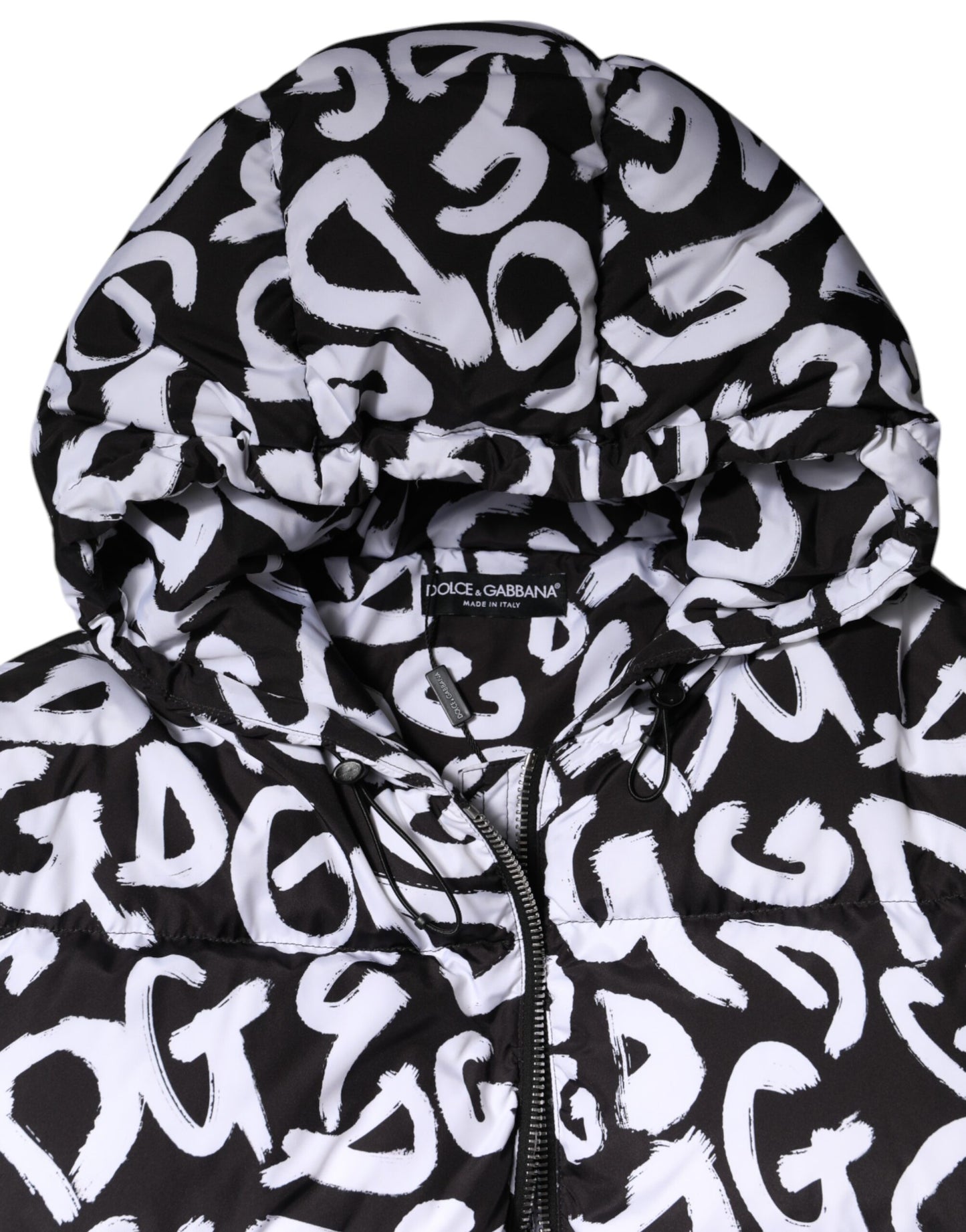 Dolce & Gabbana Manteau long à capuche noir et blanc DG Mania