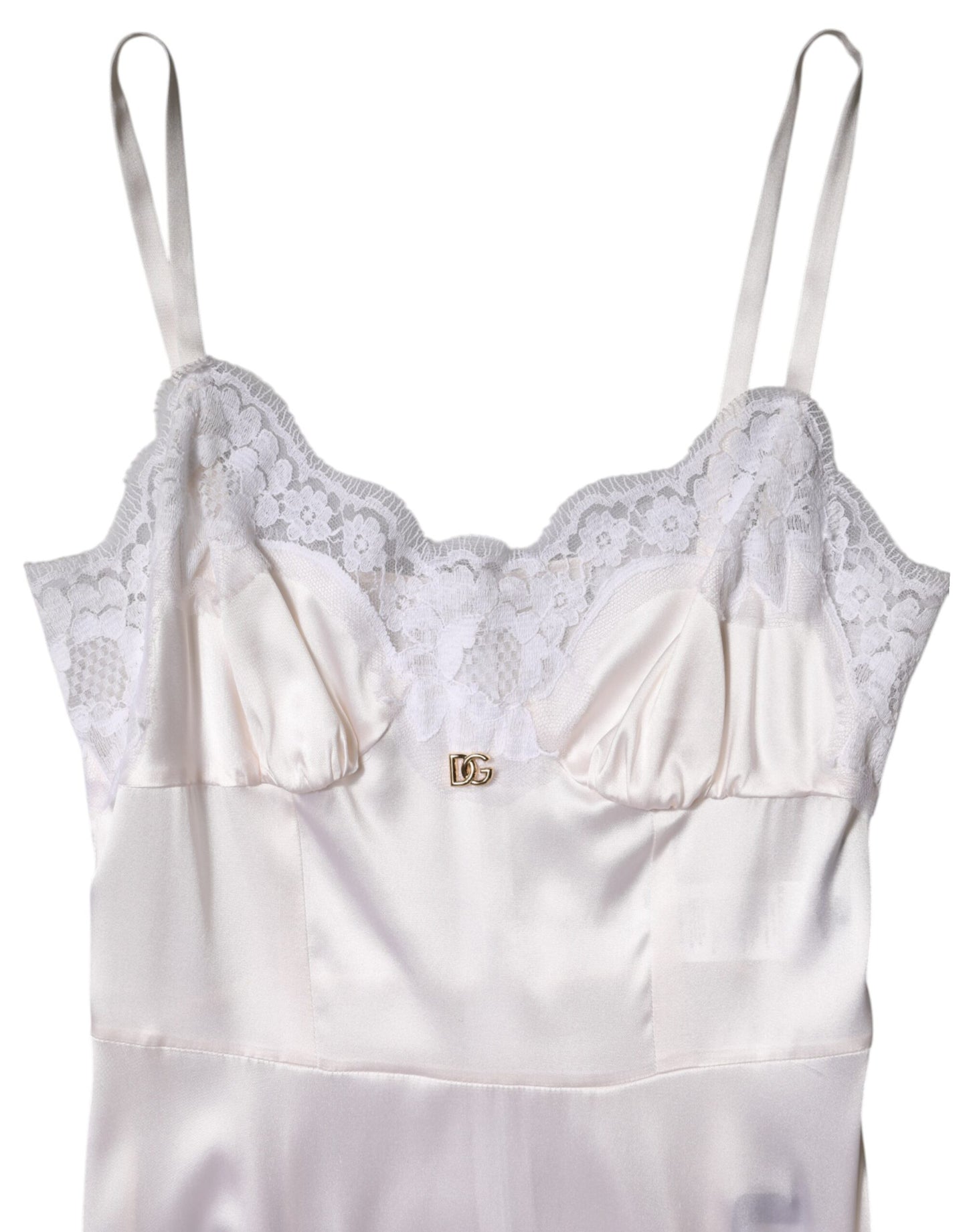 Dolce & Gabbana White Lace Gold DG Logo Silk Dress Sleepwear