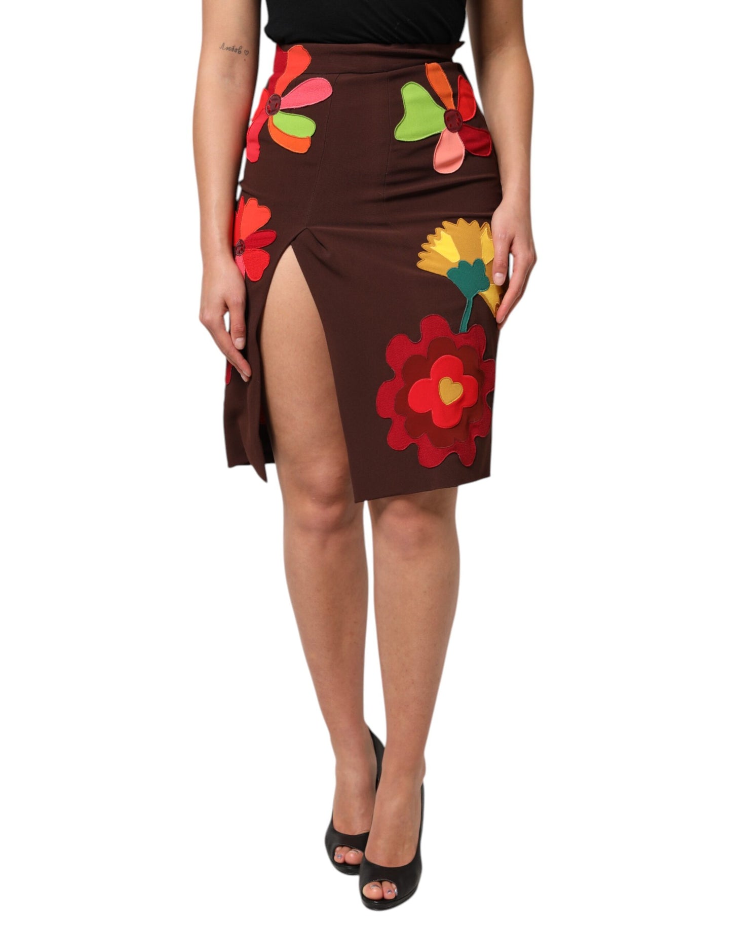 Jupe taille haute fendue sur le côté à motif floral marron Dolce & Gabbana