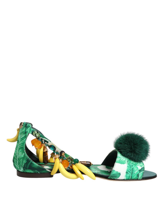 Dolce & Gabbana Grüne Nerzpelz Satin Bananenblatt Sandalen Schuhe