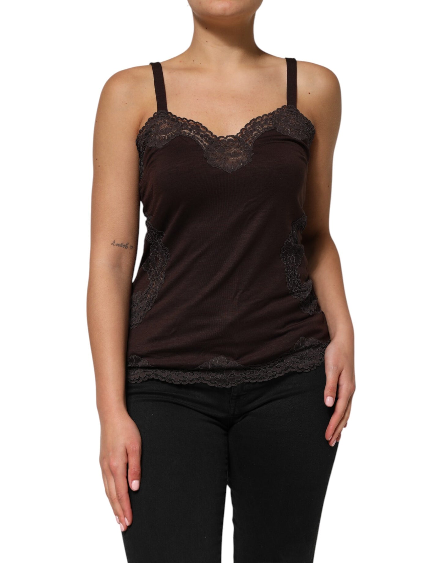 Débardeur sans manches en laine marron foncé avec bordure en dentelle Dolce & Gabbana