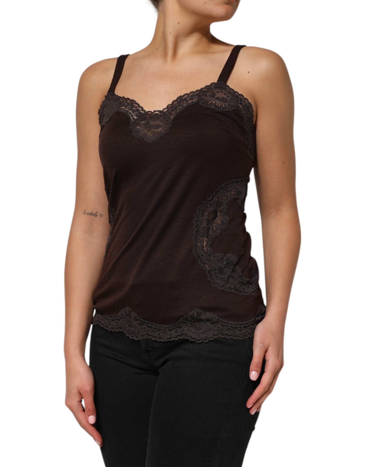Débardeur sans manches en laine marron foncé avec bordure en dentelle Dolce & Gabbana
