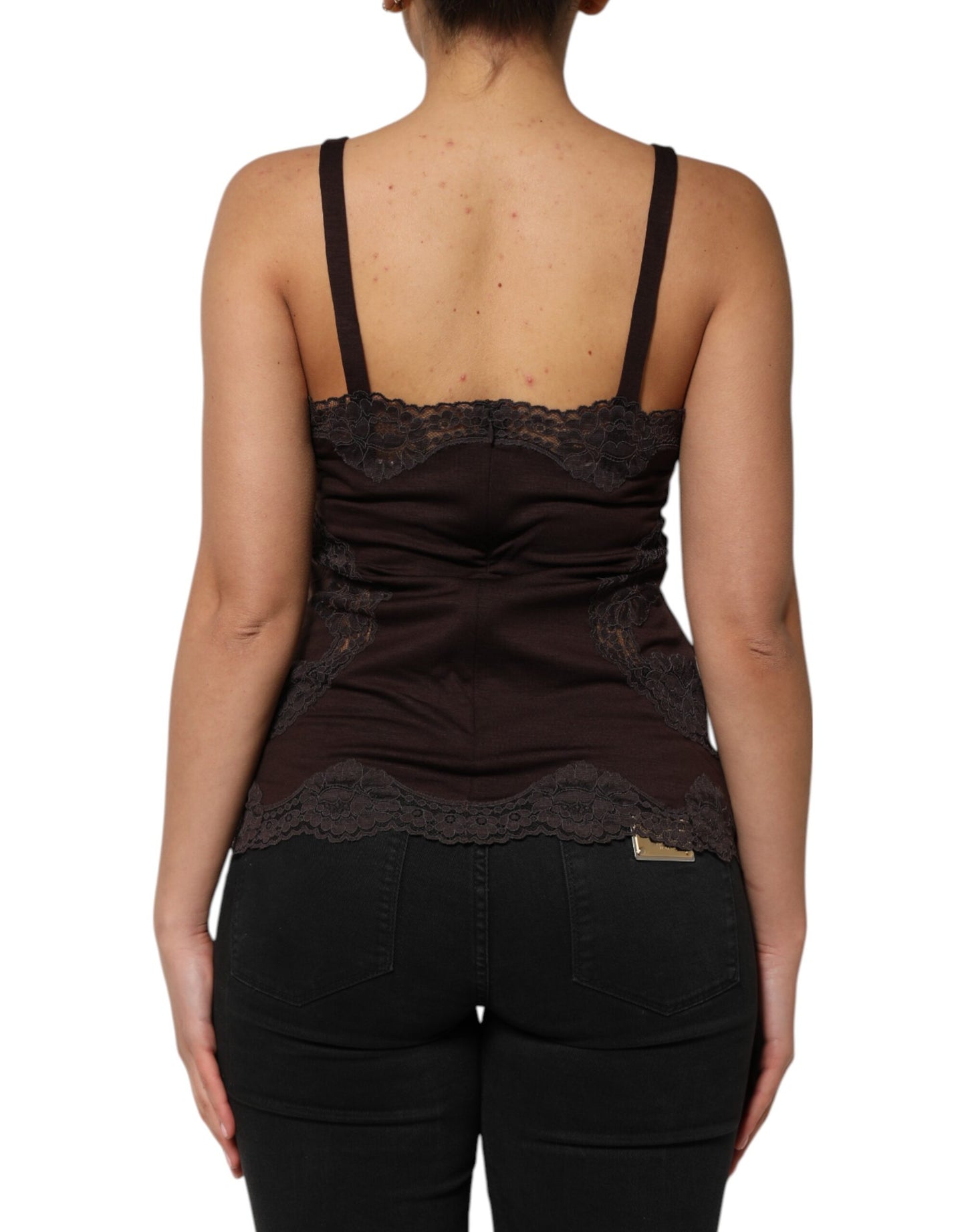 Débardeur sans manches en laine marron foncé avec bordure en dentelle Dolce & Gabbana