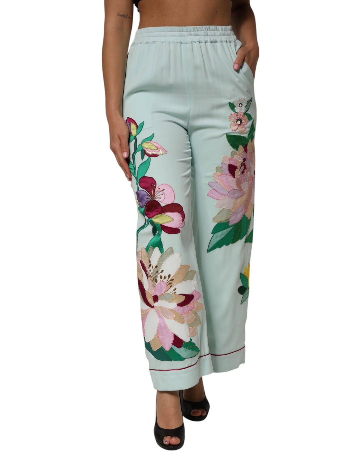 Pantalon de pyjama droit à jarretelles et motif floral vert Dolce & Gabbana