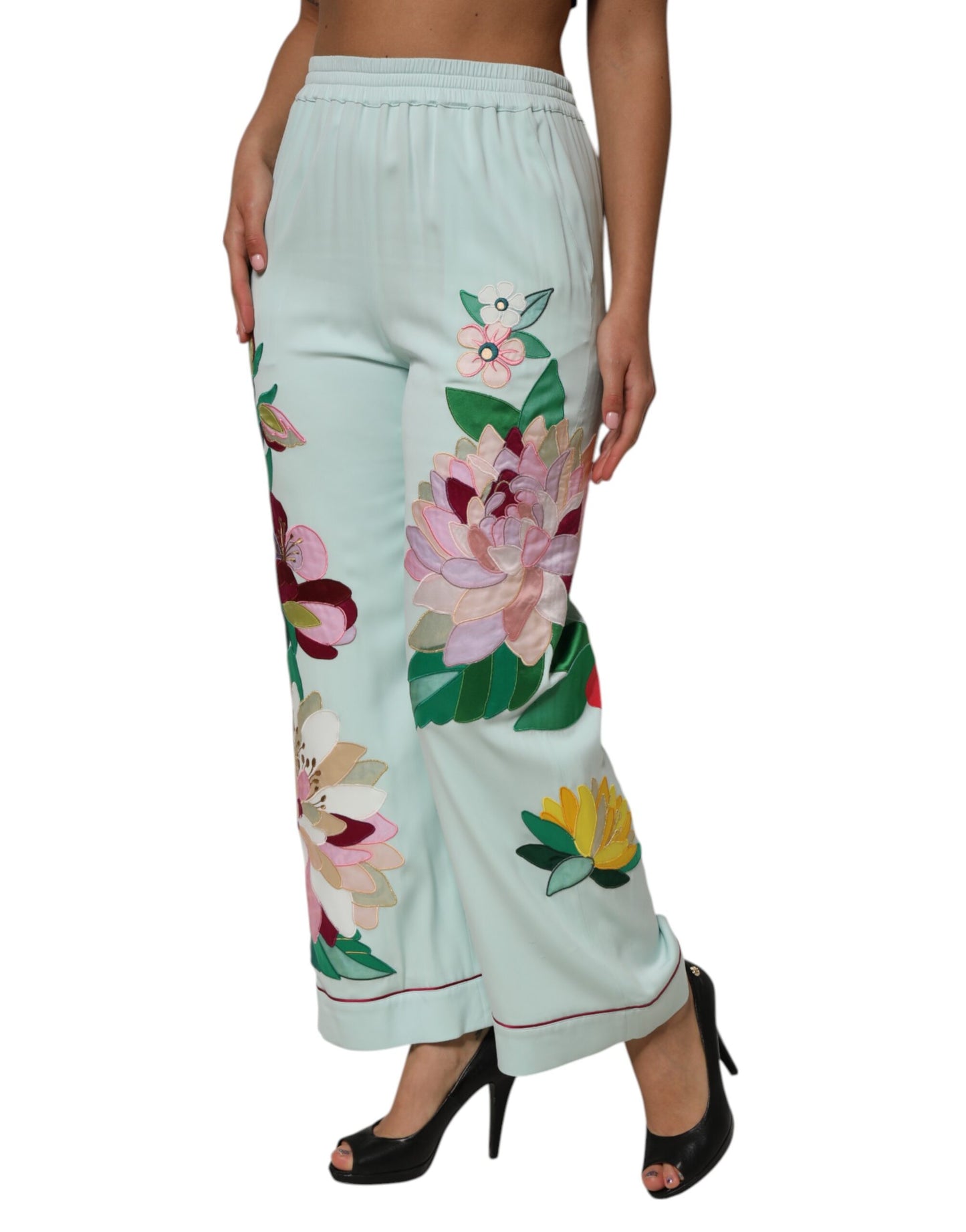 Pantalon de pyjama droit à jarretelles et motif floral vert Dolce & Gabbana
