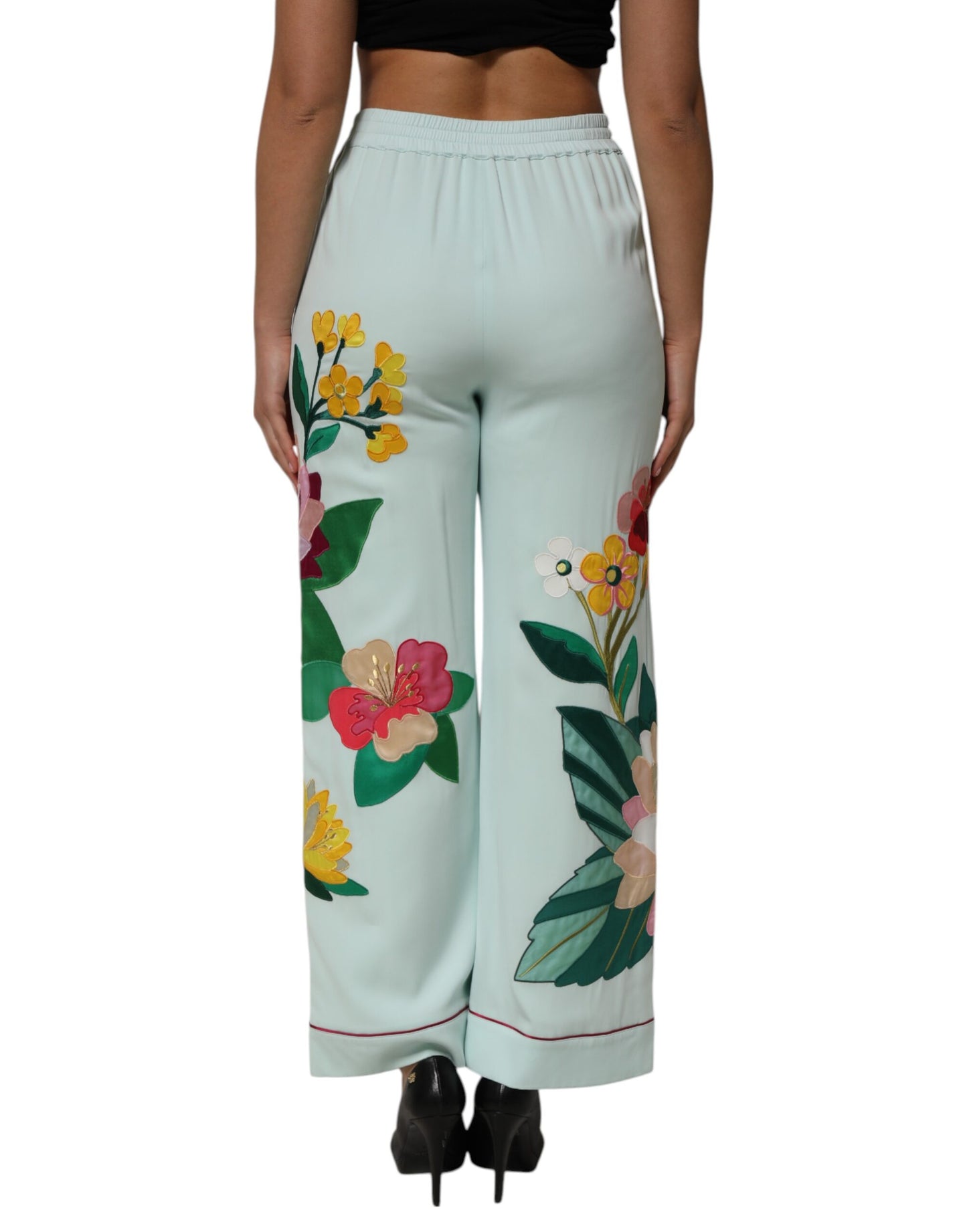 Pantalon de pyjama droit à jarretelles et motif floral vert Dolce & Gabbana