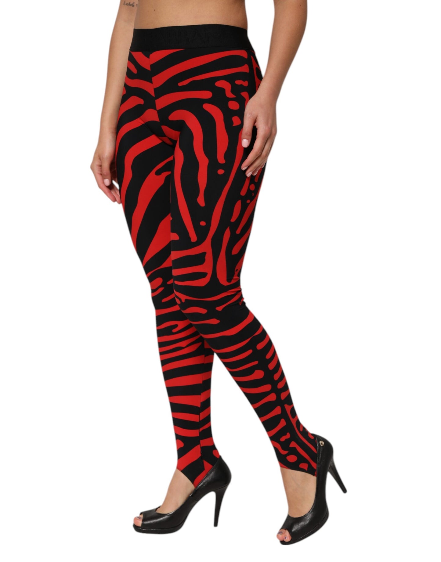 Pantalon legging taille haute Dolce & Gabbana en nylon noir et rouge avec logo
