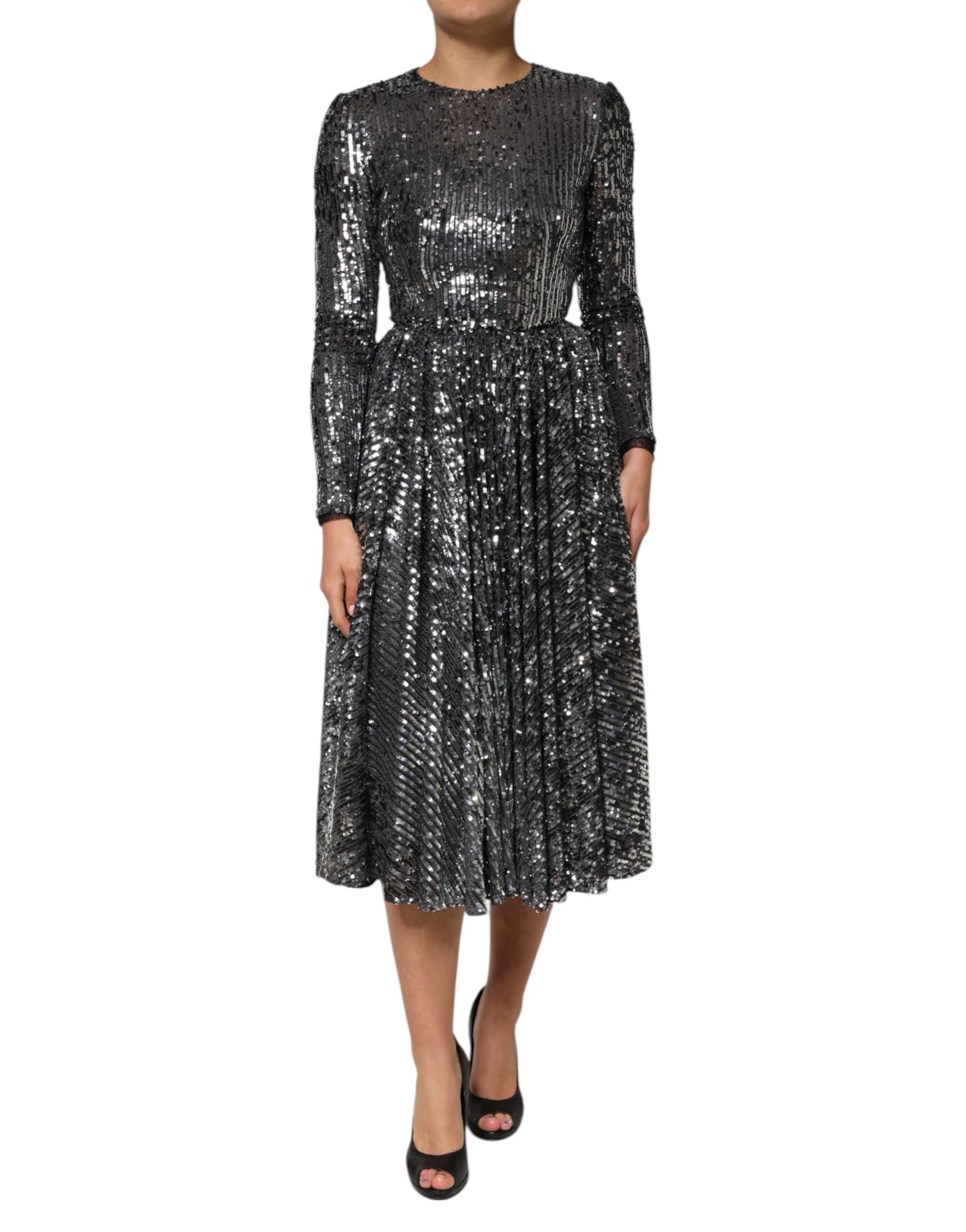 Robe mi-longue trapèze noire à paillettes et manches longues Dolce & Gabbana