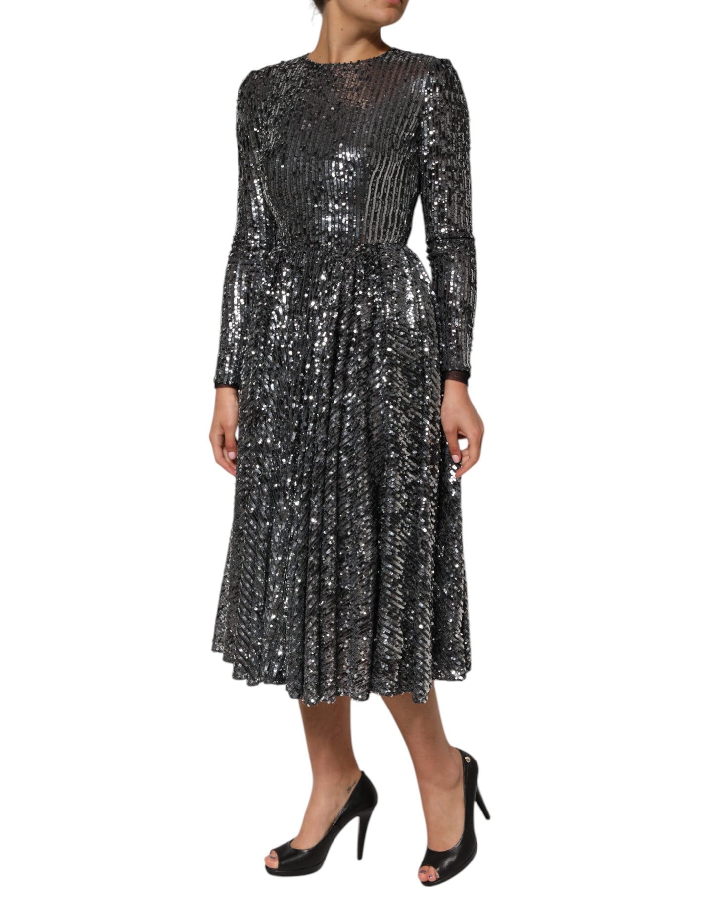 Robe mi-longue trapèze noire à paillettes et manches longues Dolce & Gabbana