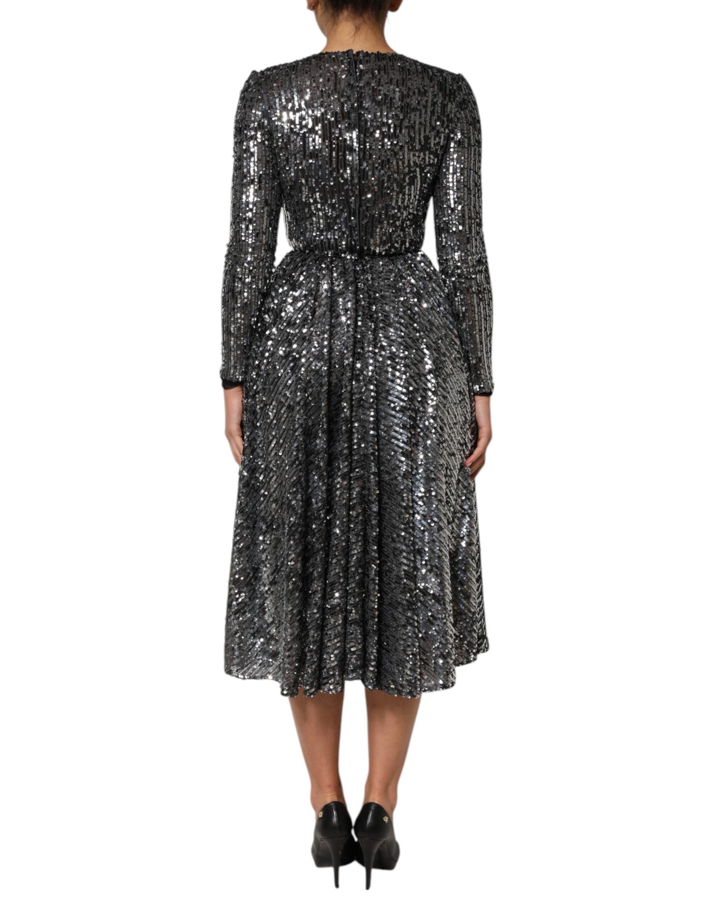 Robe mi-longue trapèze noire à paillettes et manches longues Dolce & Gabbana