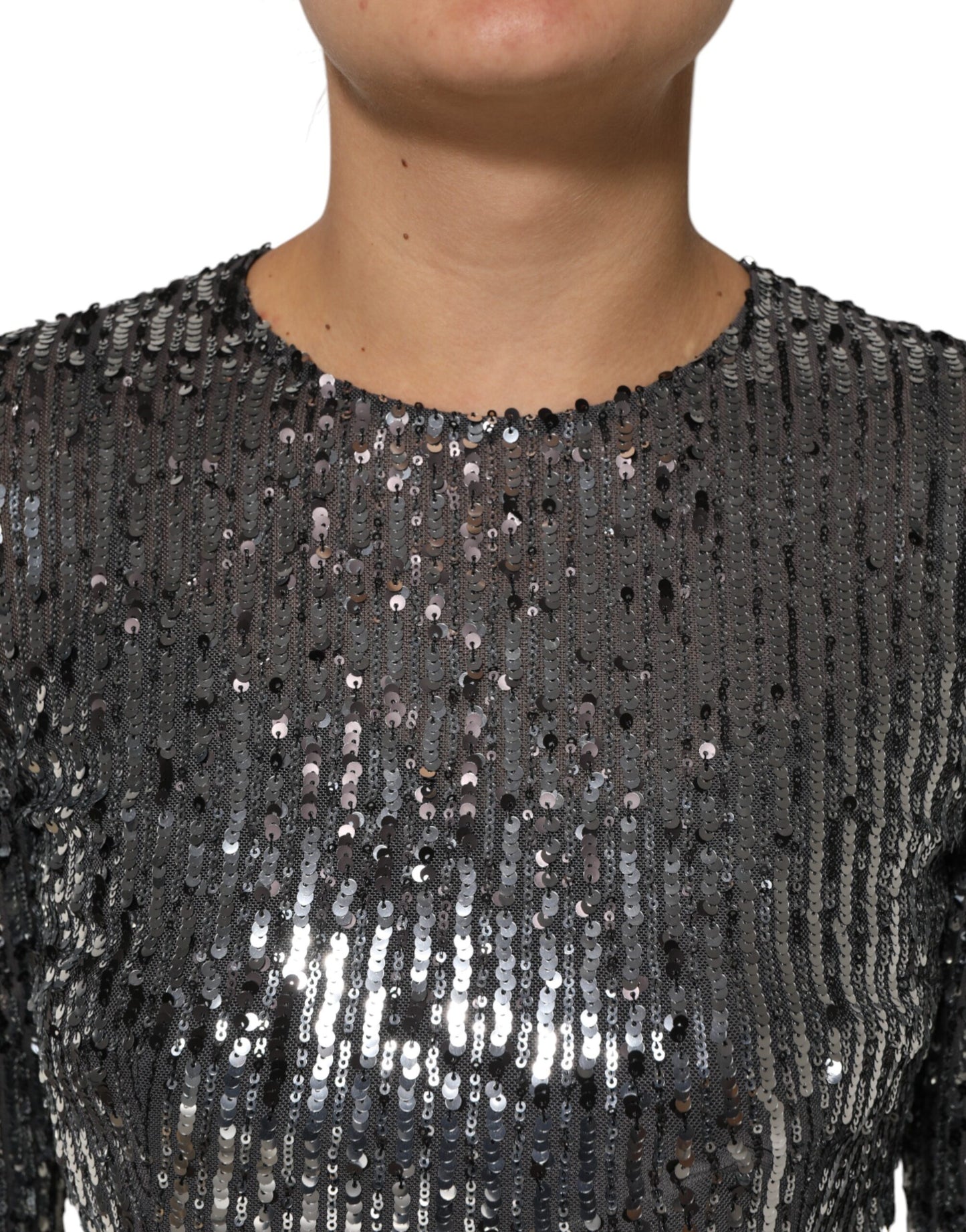 Robe mi-longue trapèze noire à paillettes et manches longues Dolce & Gabbana