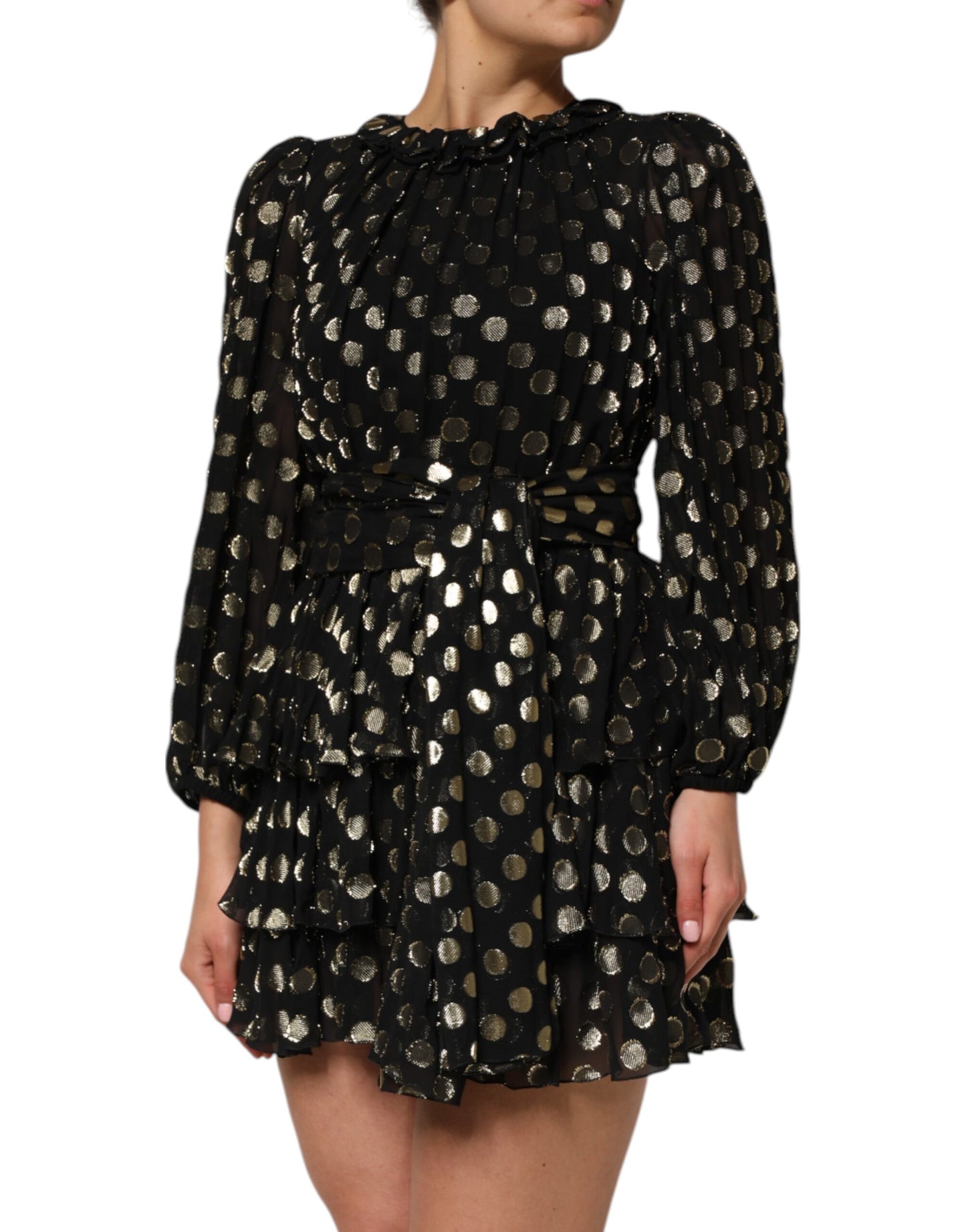 Mini-robe en brocart de soie à pois noirs et dorés Dolce & Gabbana